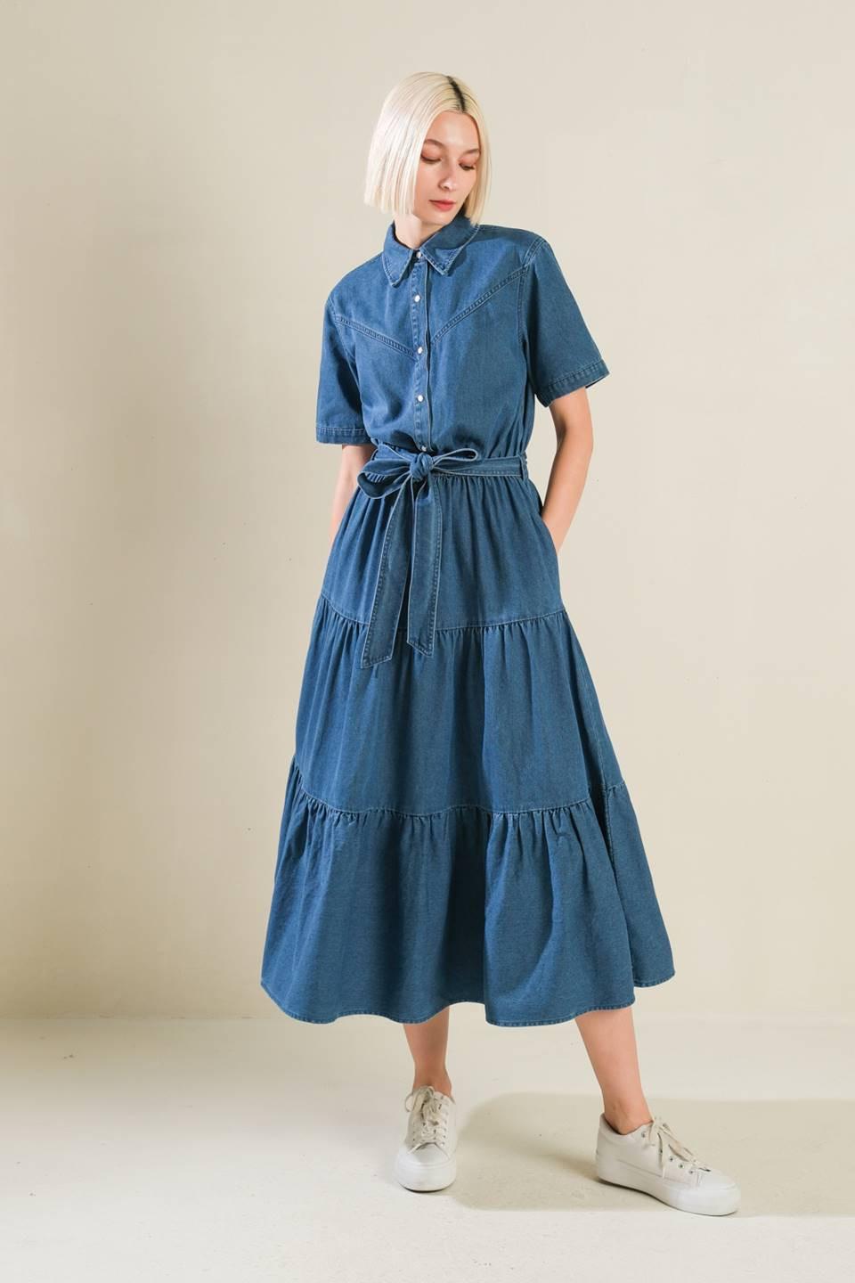 Absolute Edge Denim Midi Dress in blue, view 1 — Soul Flow Apparel