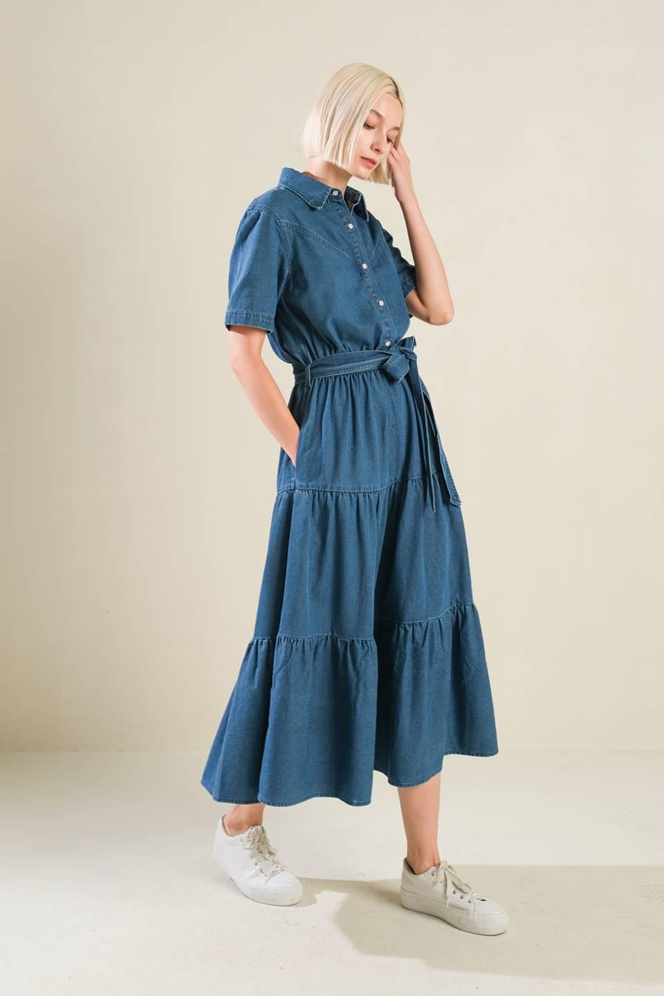 Absolute Edge Denim Midi Dress in blue, view 3 — Soul Flow Apparel
