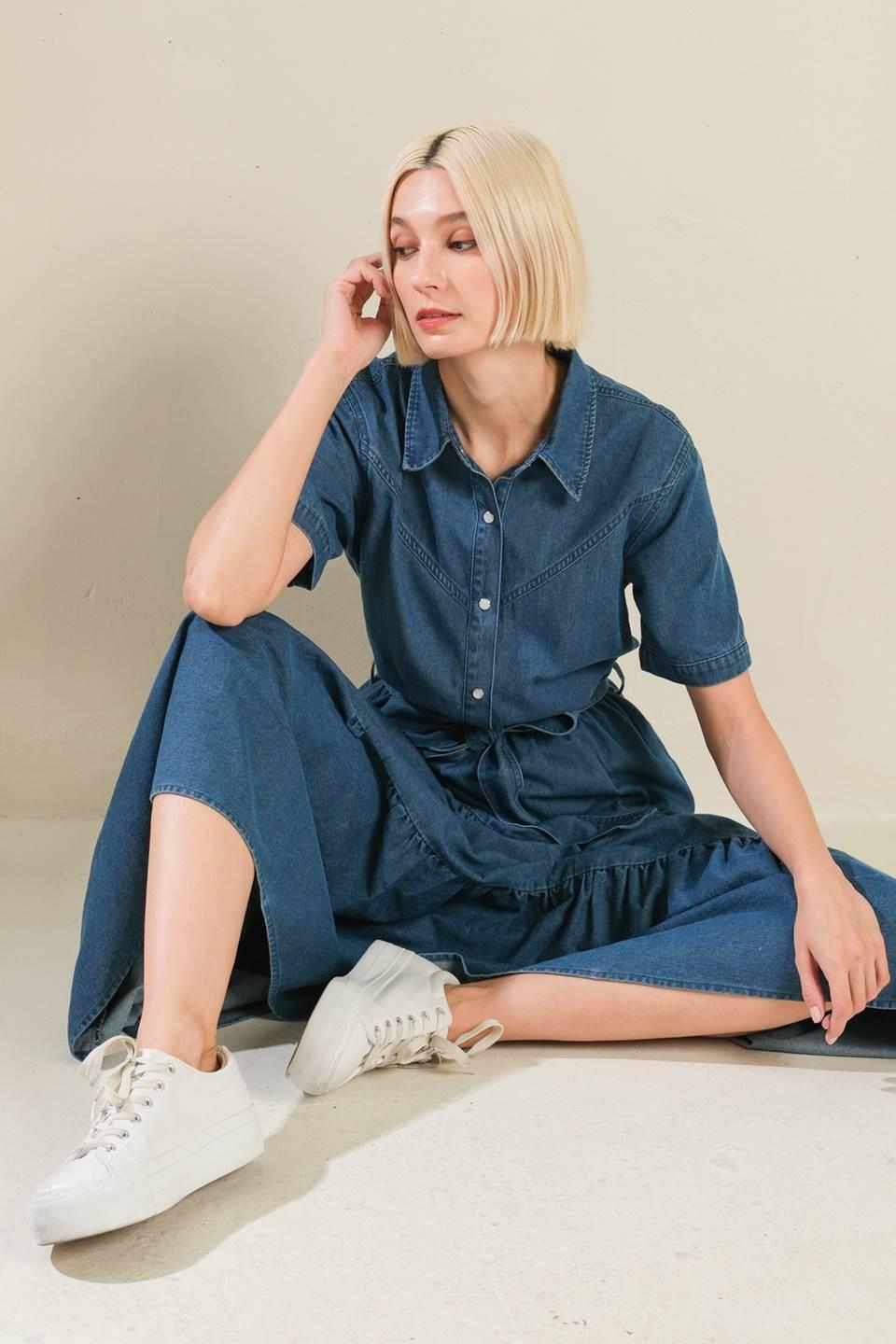 Absolute Edge Denim Midi Dress in blue, view 6 — Soul Flow Apparel