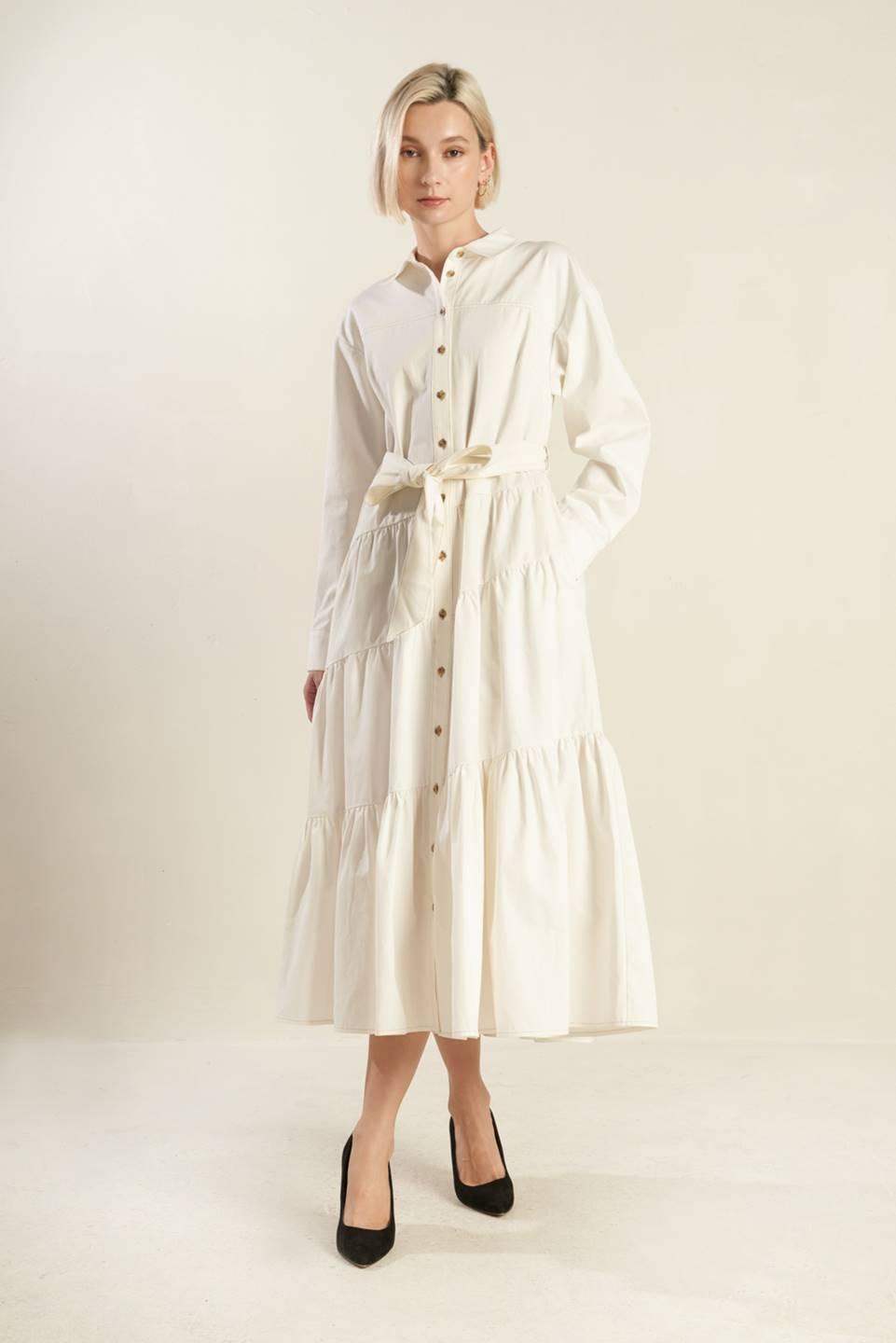 Anytime Now Woven Twill Midi Dress in white, view 1 — Soul Flow Apparel