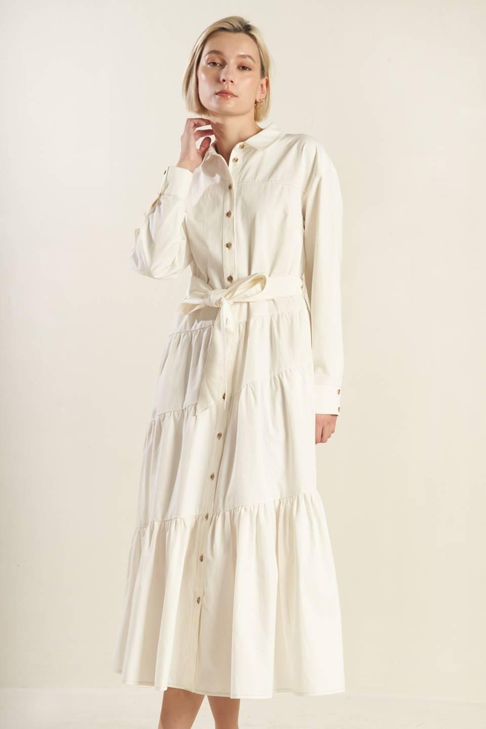 Anytime Now Woven Twill Midi Dress in white, view 3 — Soul Flow Apparel