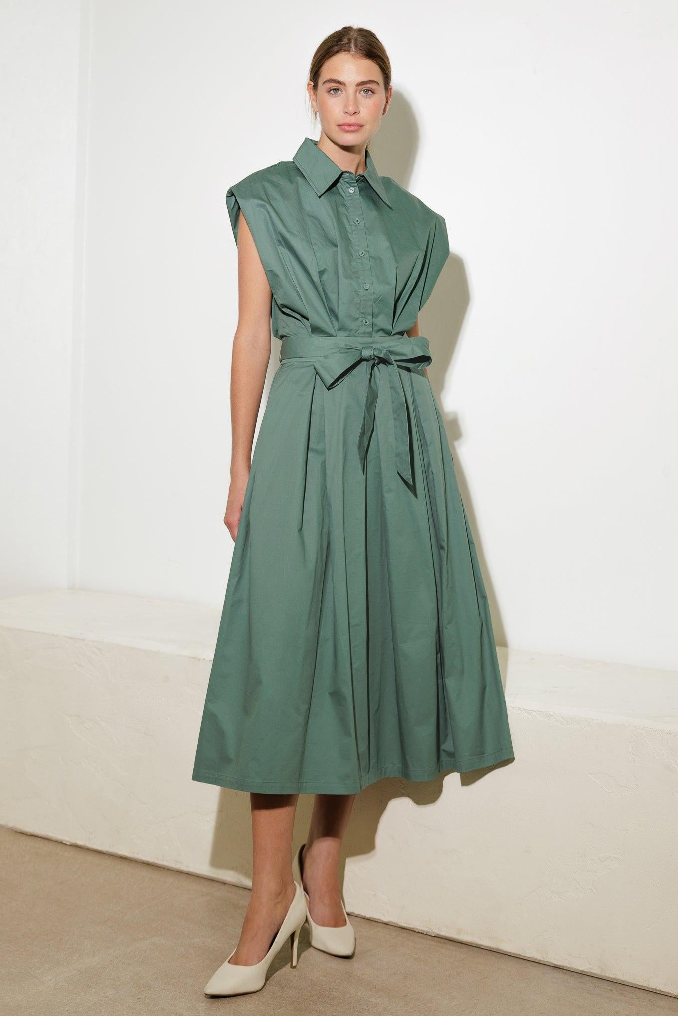 Deeper Connection Woven Midi Dress in sage, view 1 — Soul Flow Apparel