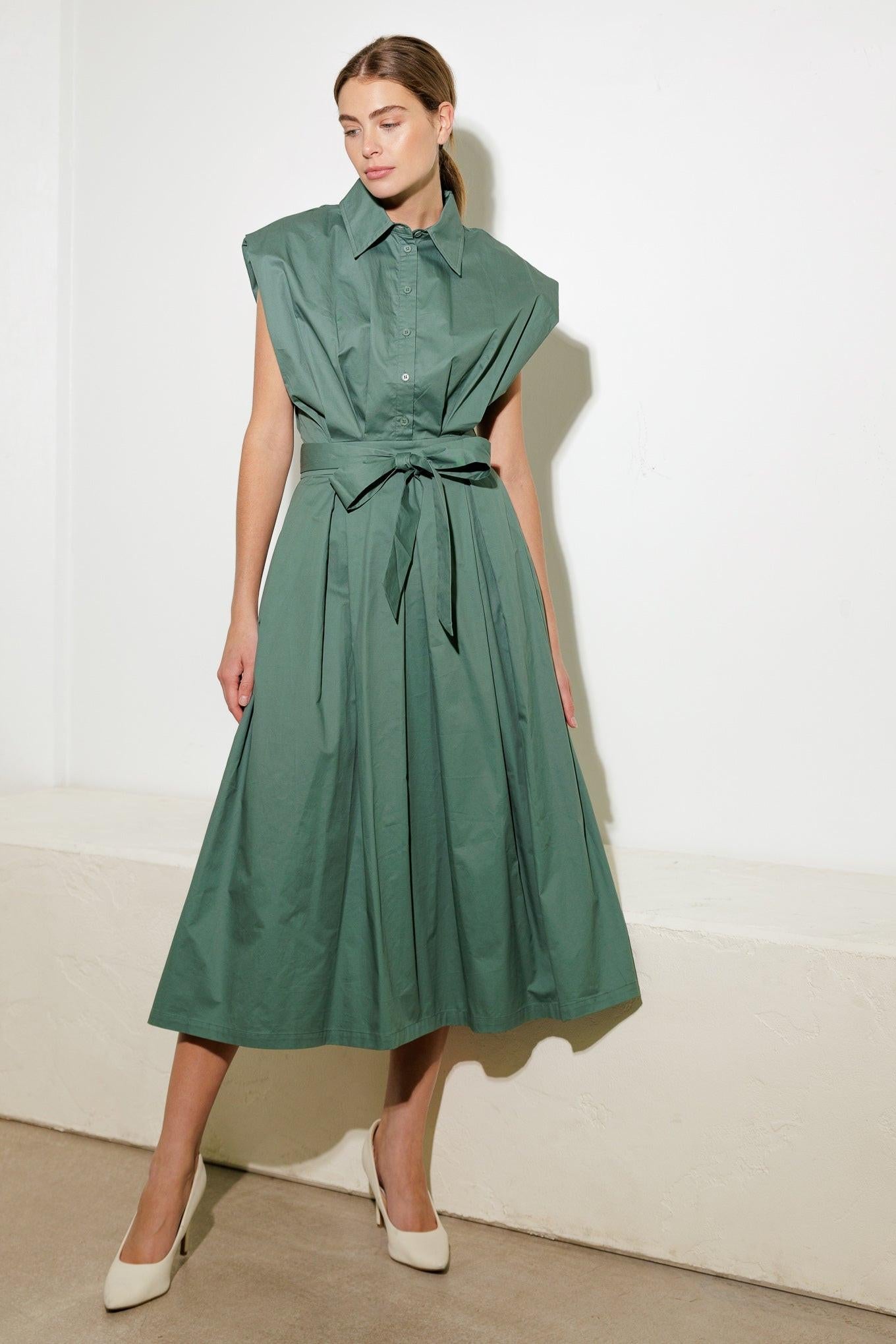 Deeper Connection Woven Midi Dress in sage, view 2 — Soul Flow Apparel