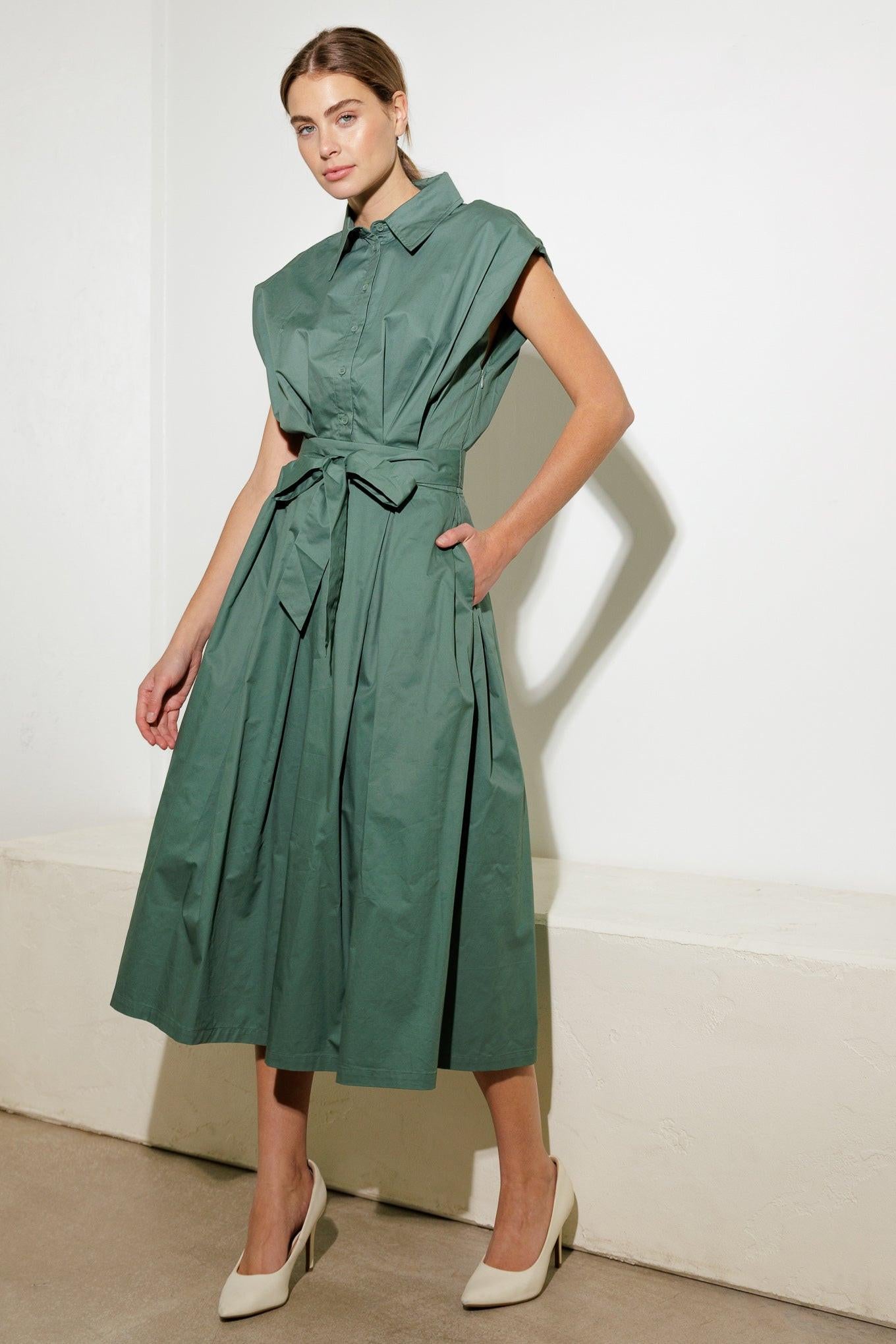 Deeper Connection Woven Midi Dress in sage, view 4 — Soul Flow Apparel