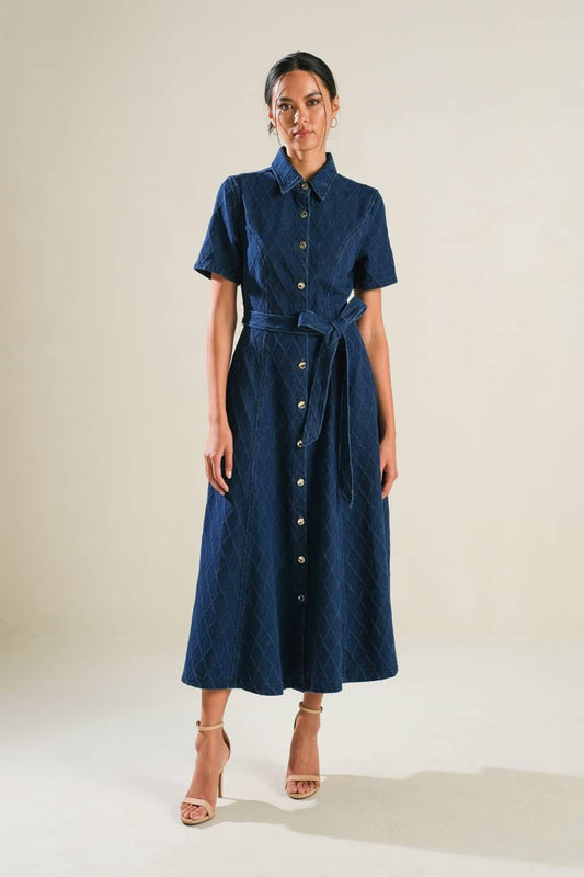 Confident Strides Denim Midi Dress in indigo, view 1 — Soul Flow Apparel