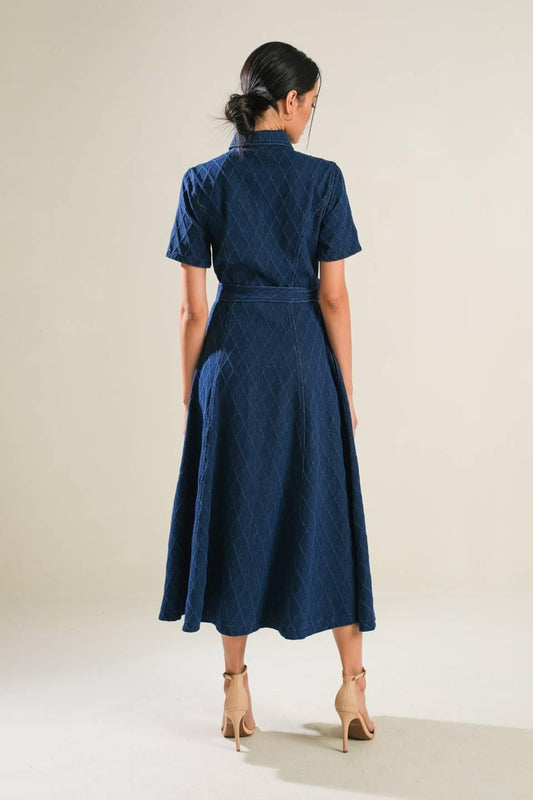 Confident Strides Denim Midi Dress in indigo, view 2 — Soul Flow Apparel