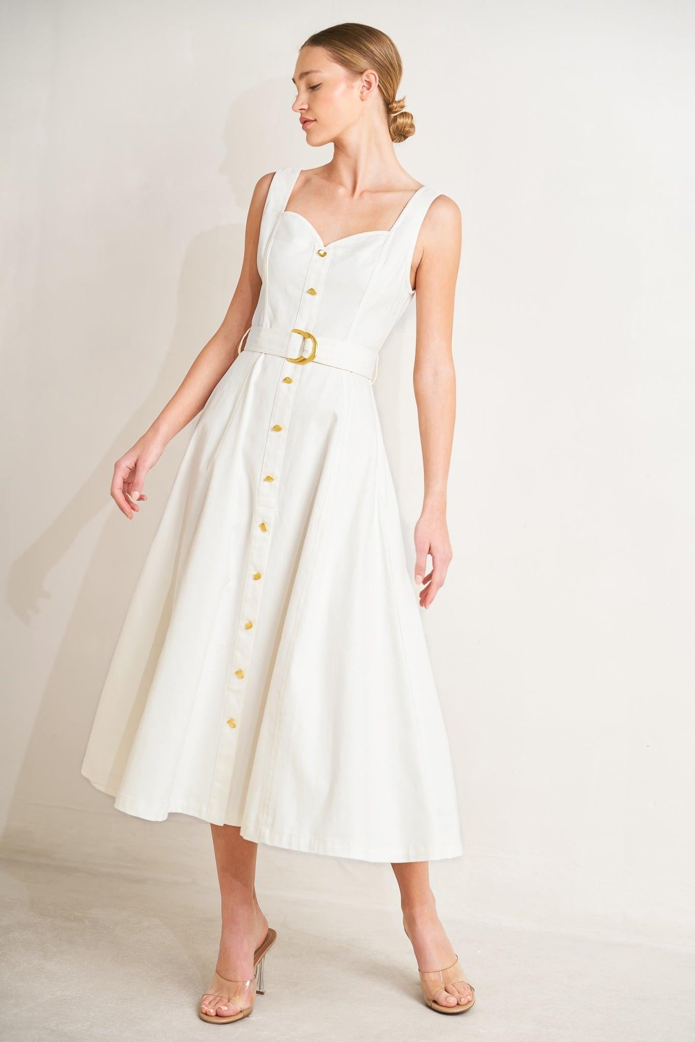 Bella Portofino Woven Midi Dress in white, view 1 — Soul Flow Apparel