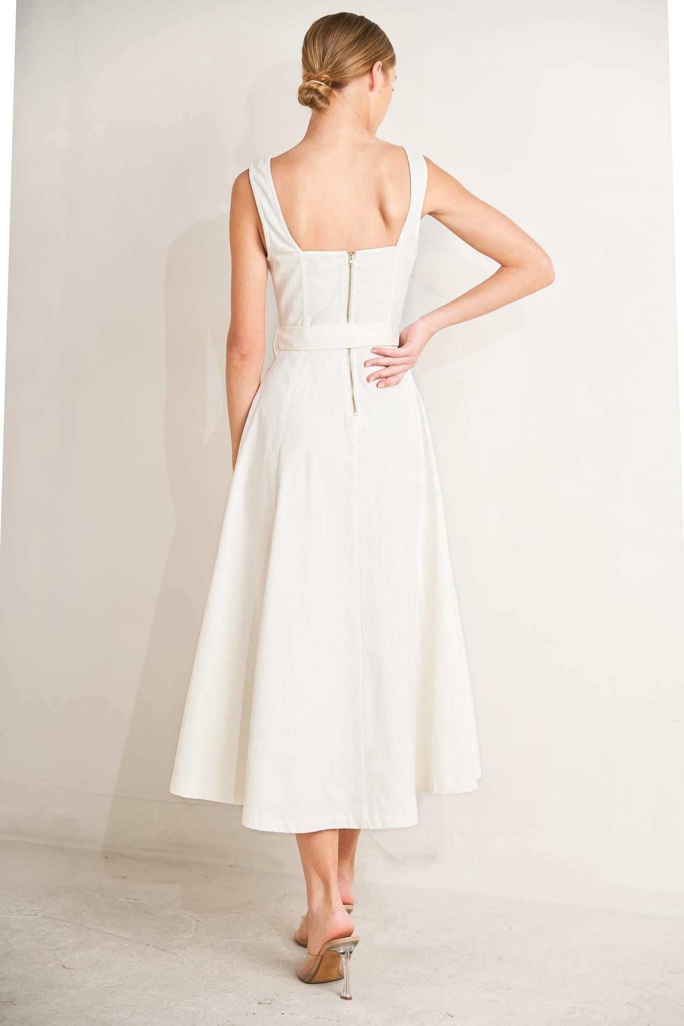 Bella Portofino Woven Midi Dress in white, view 3 — Soul Flow Apparel