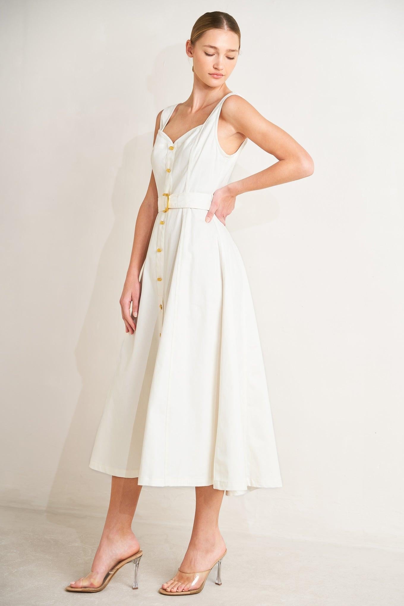 Bella Portofino Woven Midi Dress in white, view 5 — Soul Flow Apparel