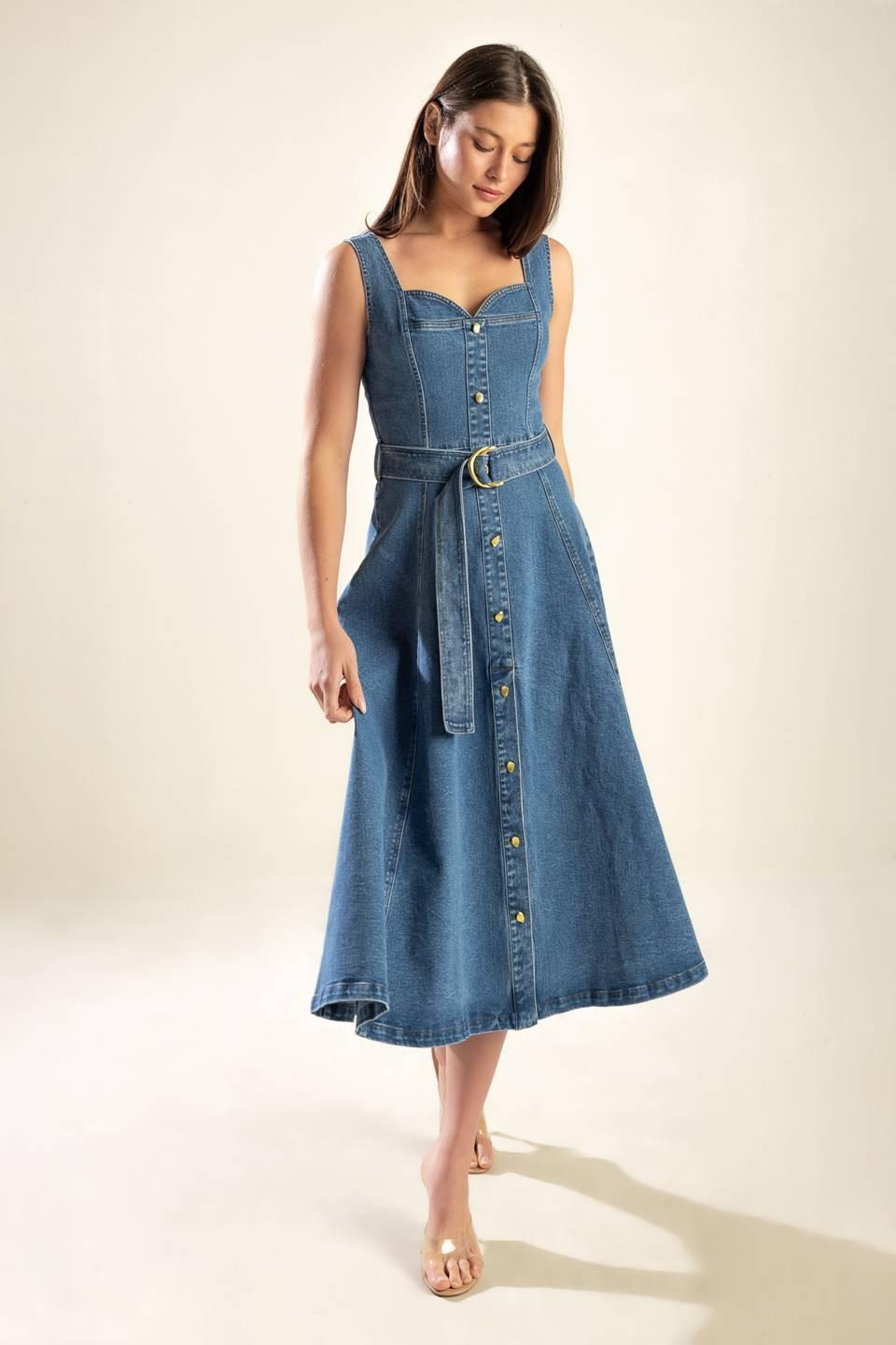 Prettiest Behavior Denim Midi Dress in blue, view 1 — Soul Flow Apparel