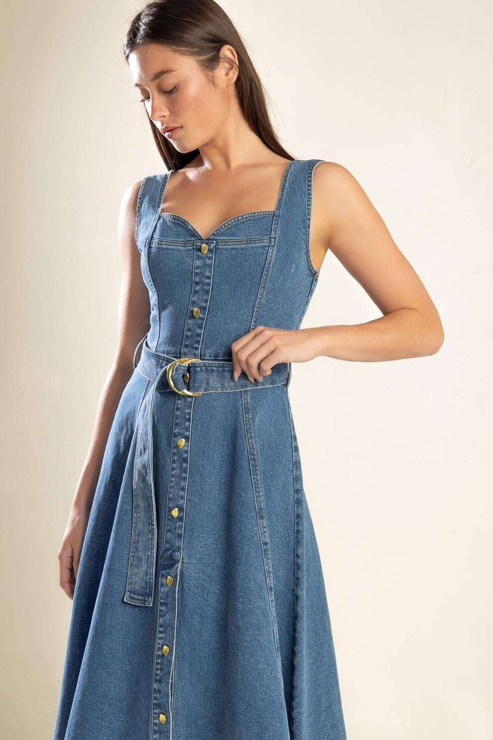 Prettiest Behavior Denim Midi Dress in blue, view 2 — Soul Flow Apparel