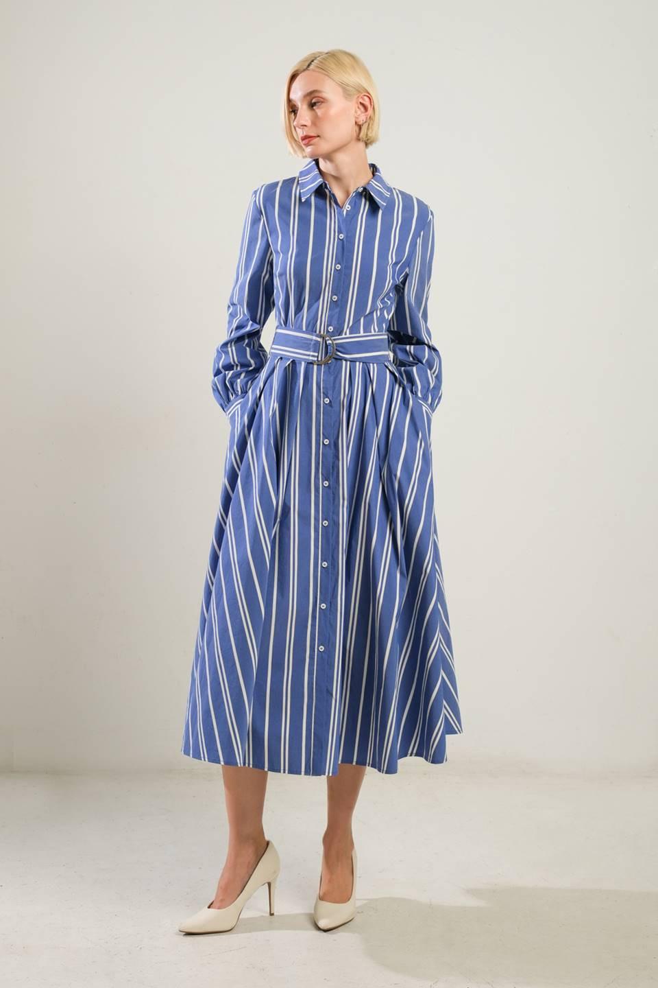 Petal Power Midi Shirt Dress in blue white gold, view 1 — Soul Flow Apparel