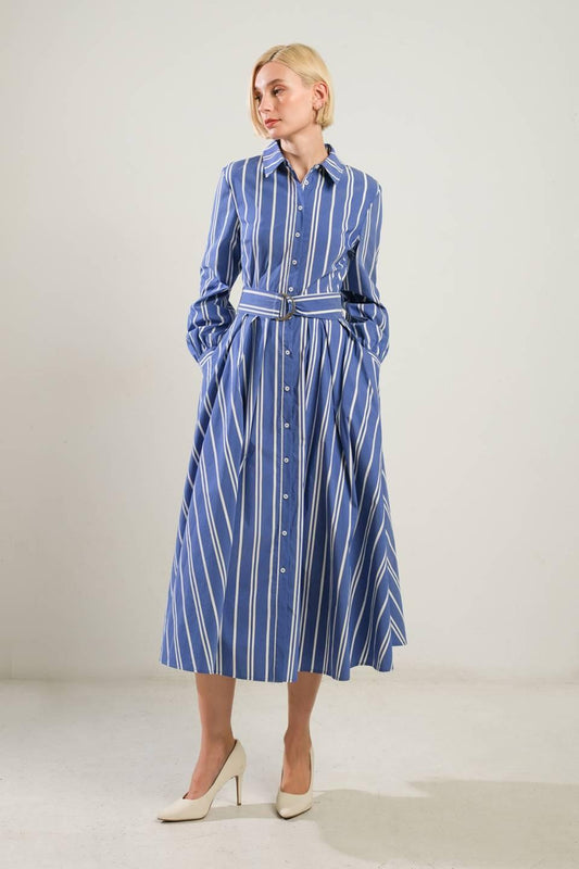 Petal Power Midi Shirt Dress in blue white gold, view 1 — Soul Flow Apparel