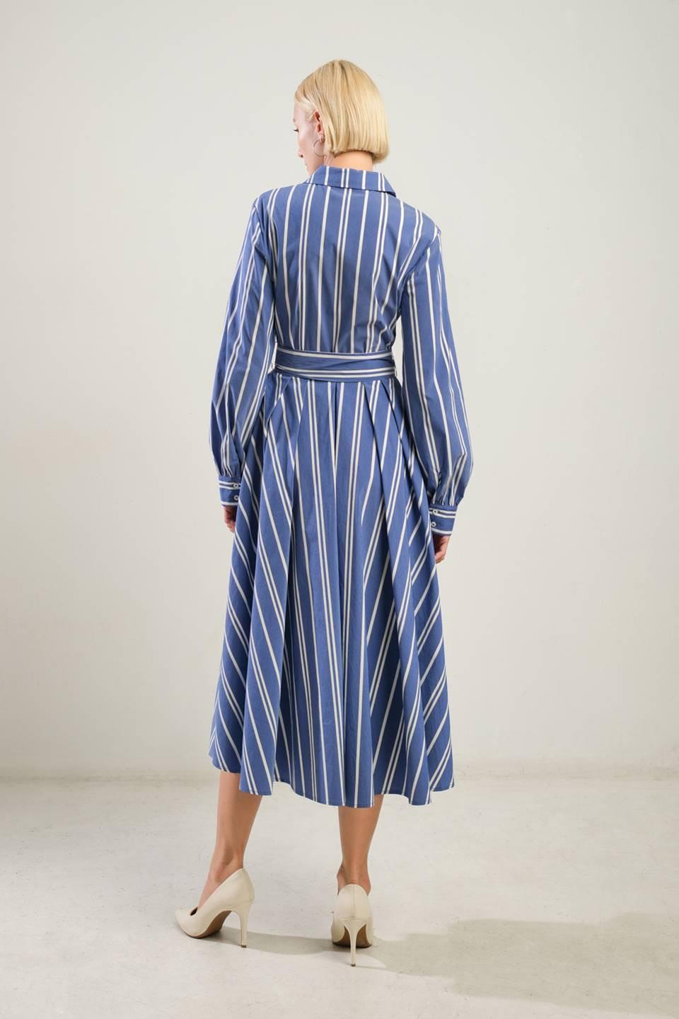Petal Power Midi Shirt Dress in blue white gold, view 2 — Soul Flow Apparel