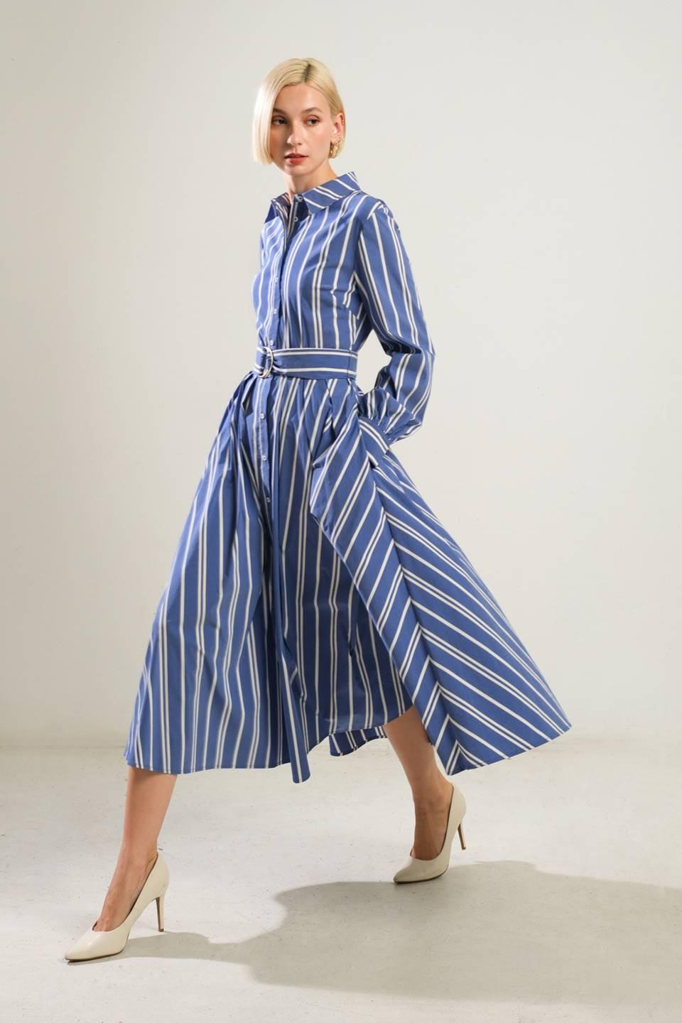 Petal Power Midi Shirt Dress in blue white gold, view 3 — Soul Flow Apparel