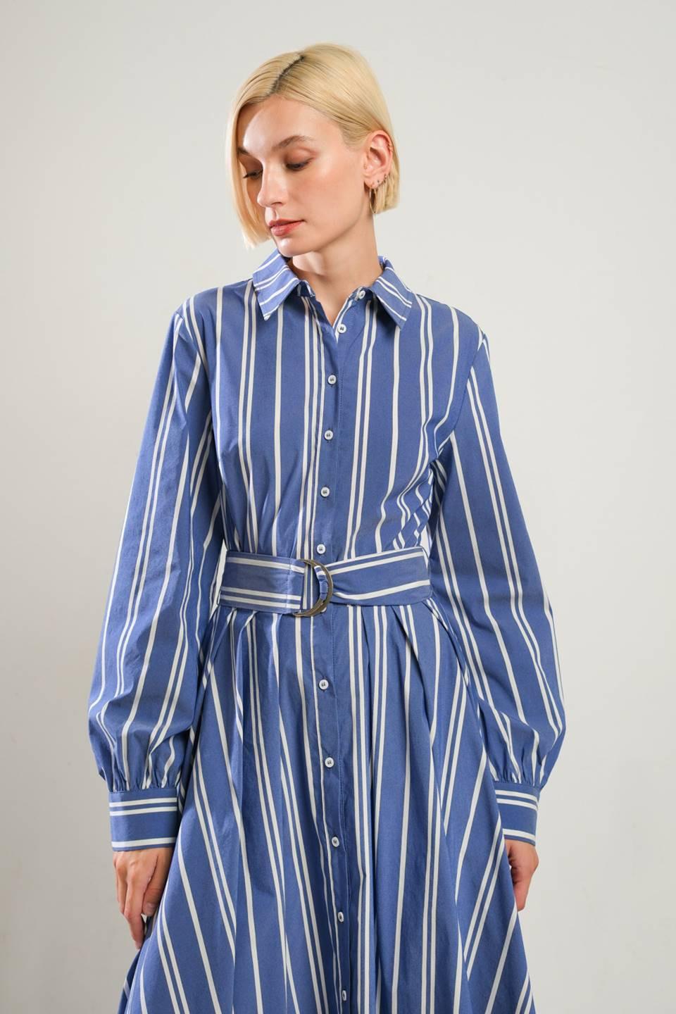 Petal Power Midi Shirt Dress in blue white gold, view 4 — Soul Flow Apparel