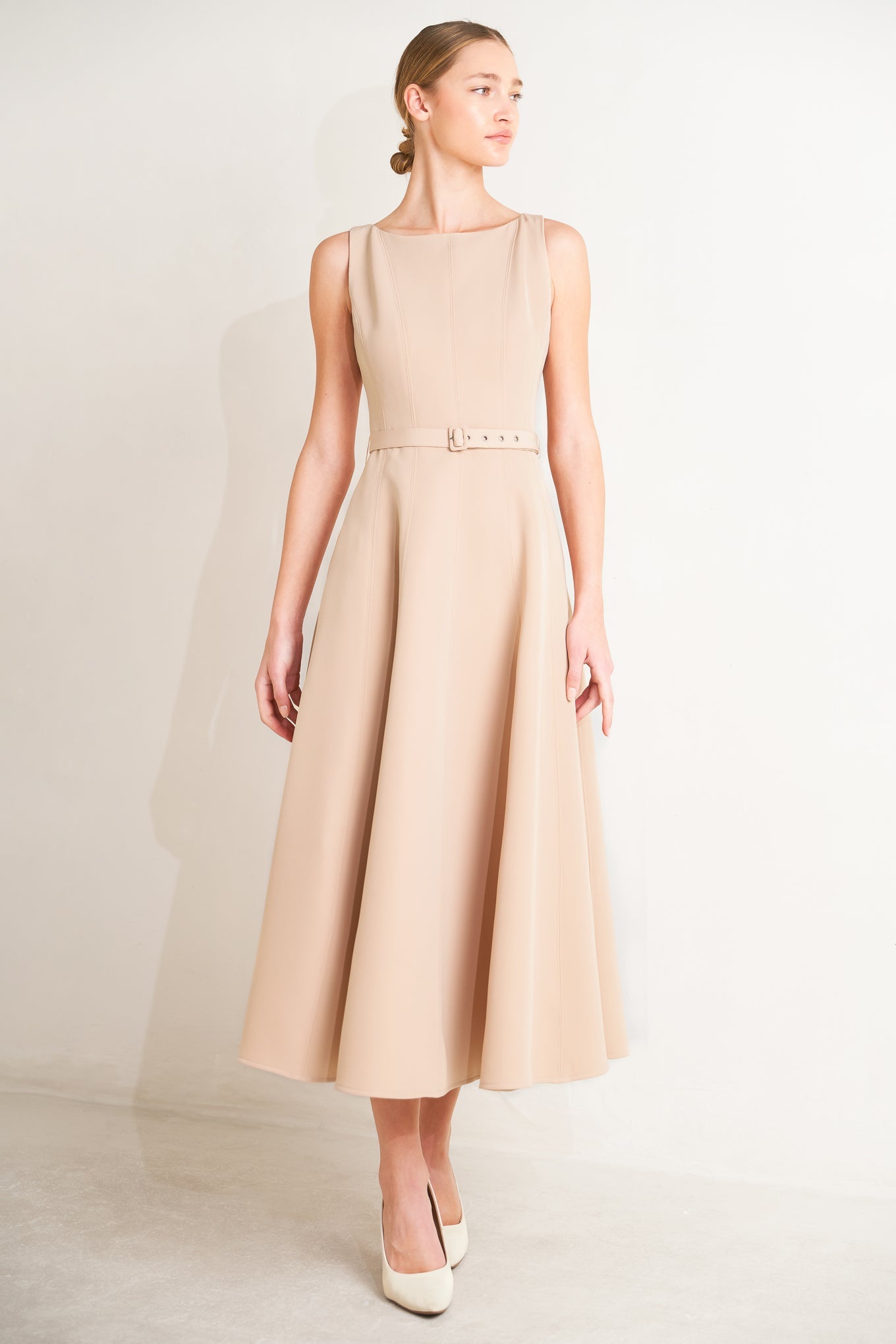 Living the Dream Woven Midi Dress in beige, view 1 — Soul Flow Apparel