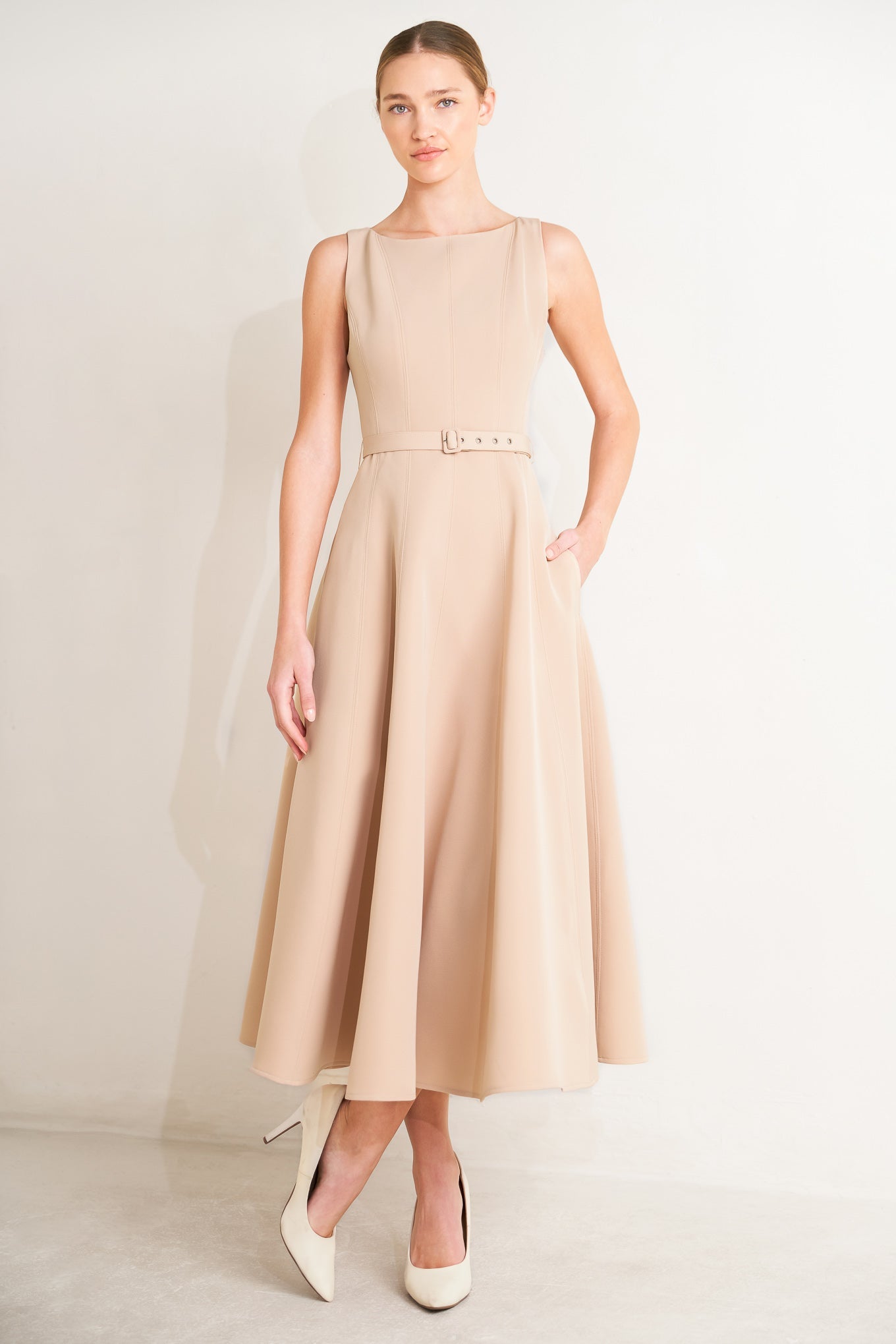 Living the Dream Woven Midi Dress in beige, view 3 — Soul Flow Apparel