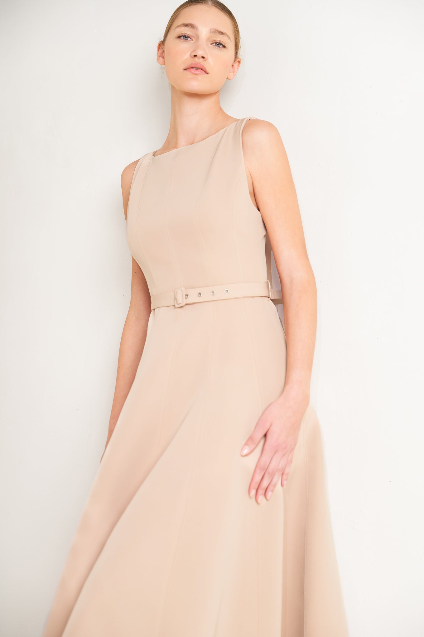 Living the Dream Woven Midi Dress in beige, view 5 — Soul Flow Apparel