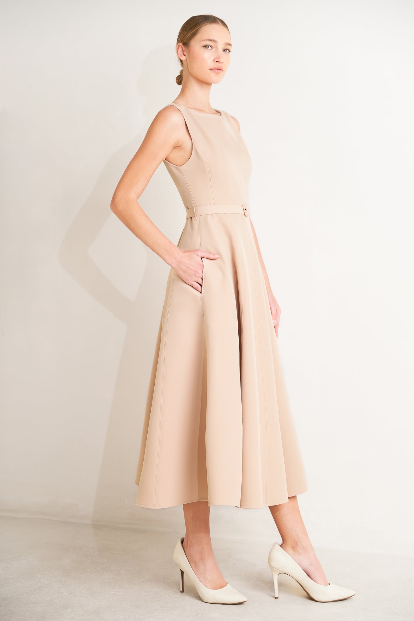 Living the Dream Woven Midi Dress in beige, view 6 — Soul Flow Apparel