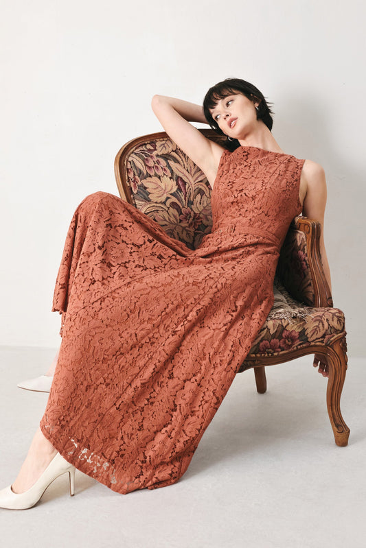 True Romance Woven Lace Midi Dress in rust, view 8 — Soul Flow Apparel
