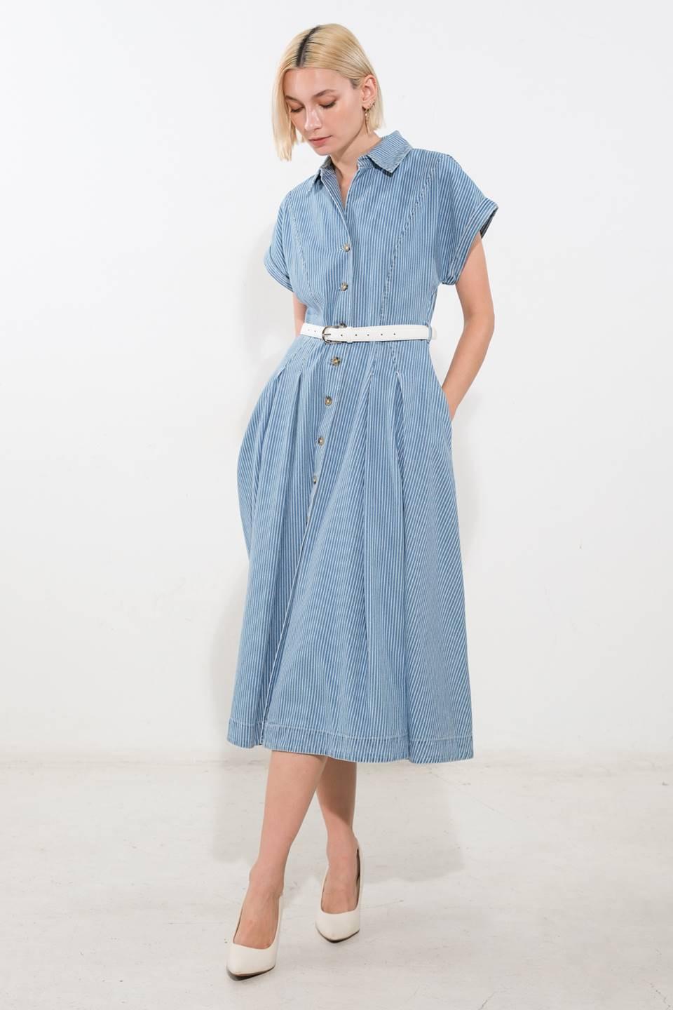 Soak in the Sun Denim Midi Dress in blue white, view 1 — Soul Flow Apparel