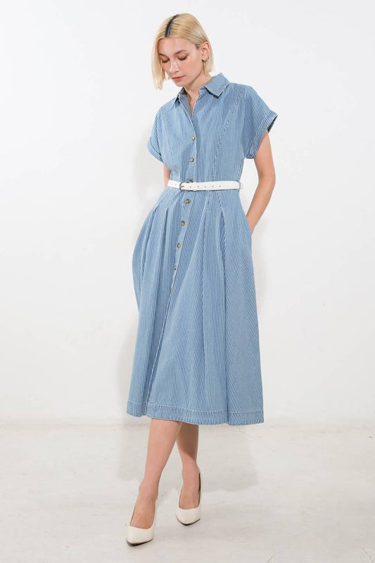 Soak in the Sun Denim Midi Dress in blue white, view 1 — Soul Flow Apparel