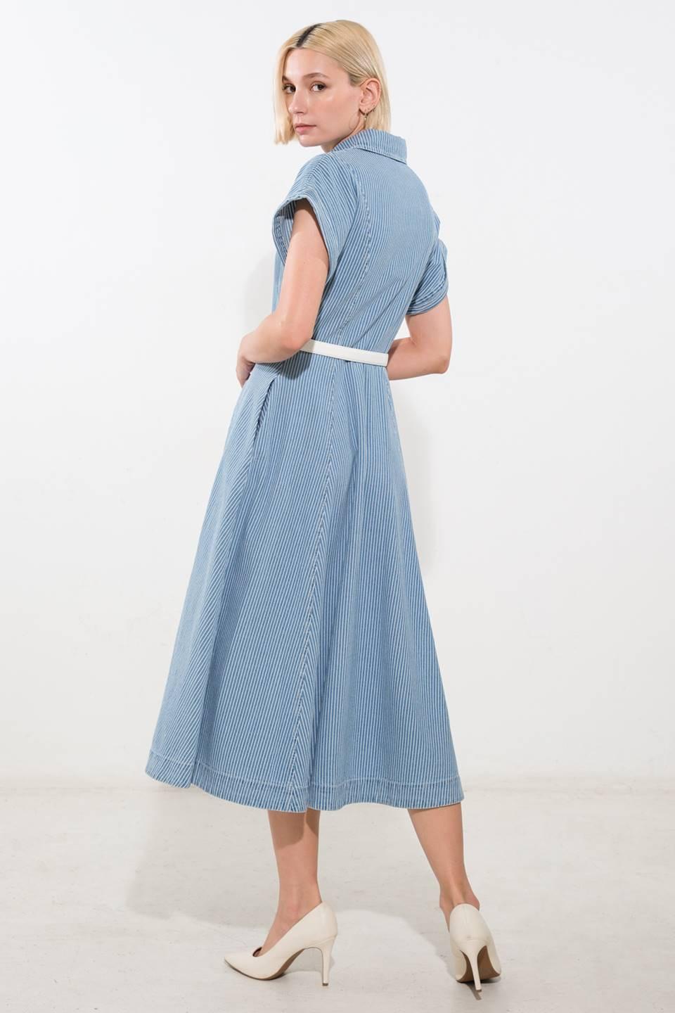 Soak in the Sun Denim Midi Dress in blue white, view 2 — Soul Flow Apparel