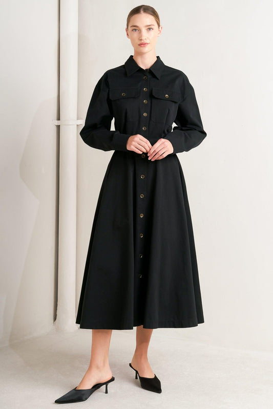 Charming Decision Woven Midi Dress in black, view 2 — Soul Flow Apparel