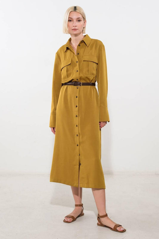 State of Bliss Woven Midi Dress in khaki, view 1 — Soul Flow Apparel