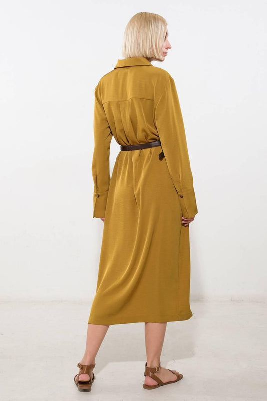 State of Bliss Woven Midi Dress in khaki, view 2 — Soul Flow Apparel