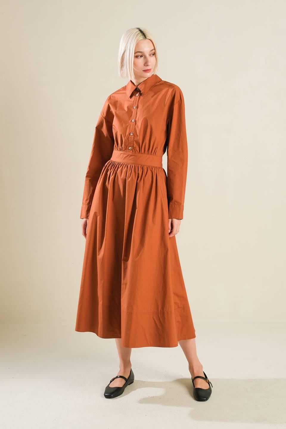 Meadow Muse Woven Midi Dress in rust, view 1 — Soul Flow Apparel