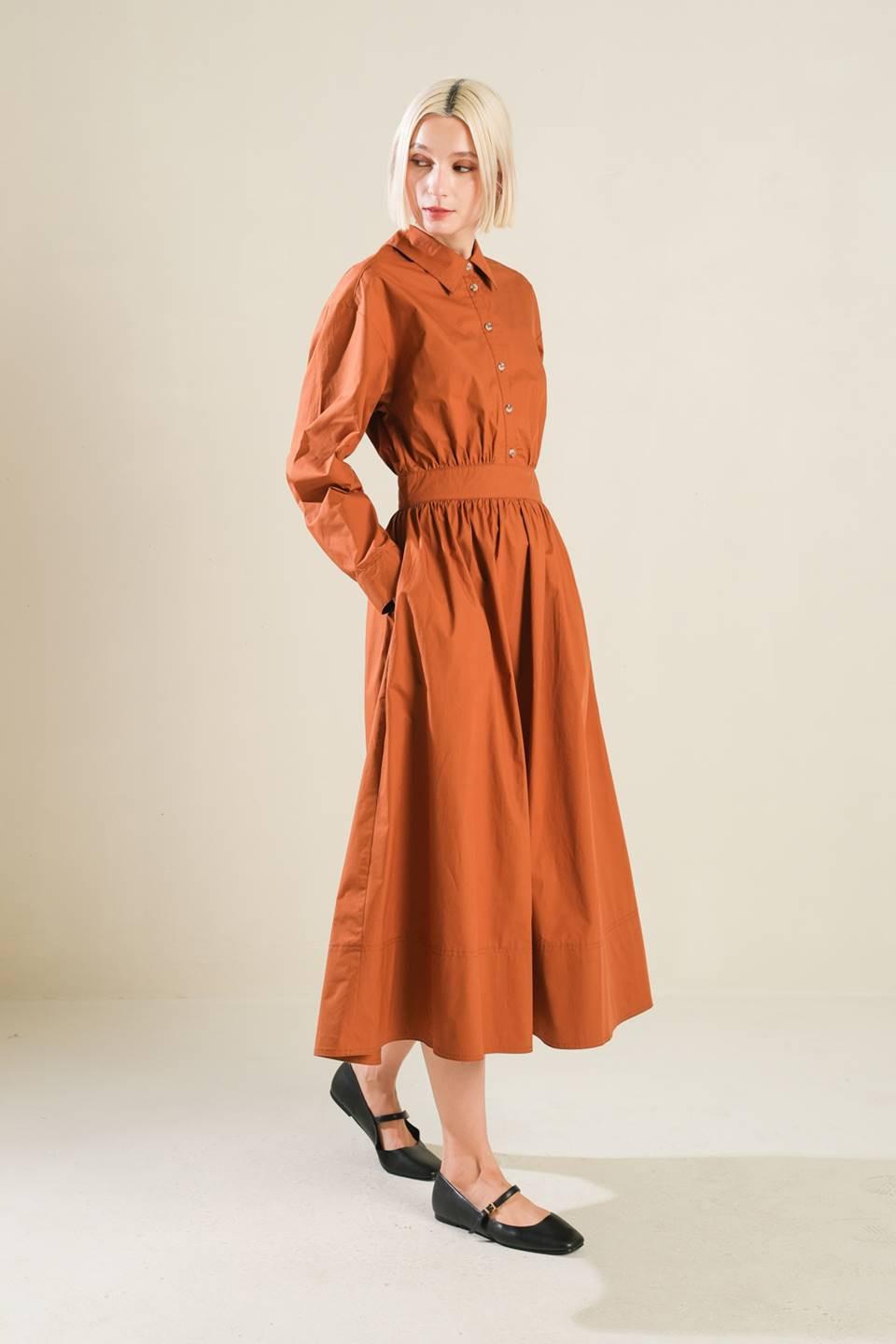 Meadow Muse Woven Midi Dress in rust, view 3 — Soul Flow Apparel