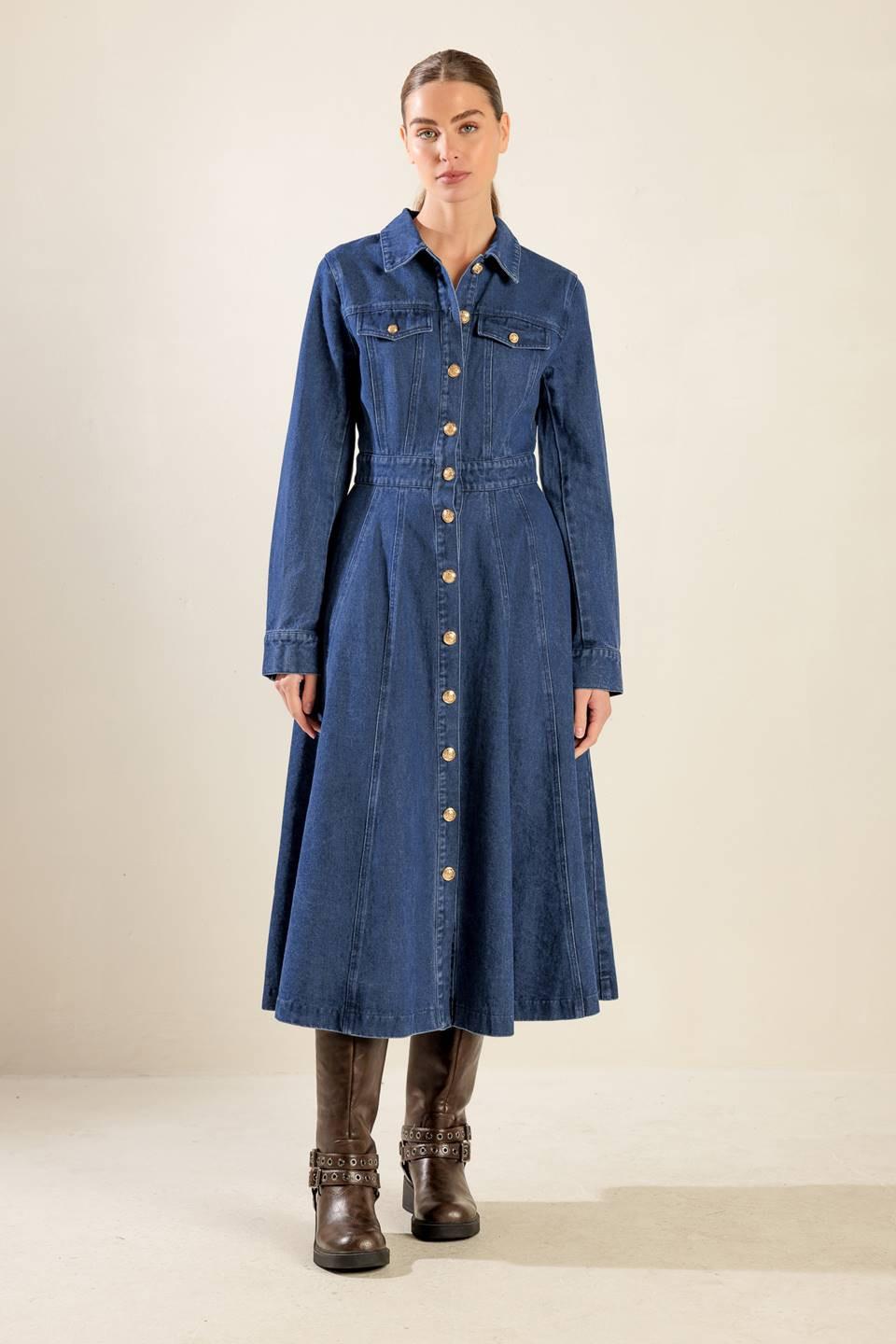 Drifting Thoughts Denim Midi Dress in blue, view 1 — Soul Flow Apparel