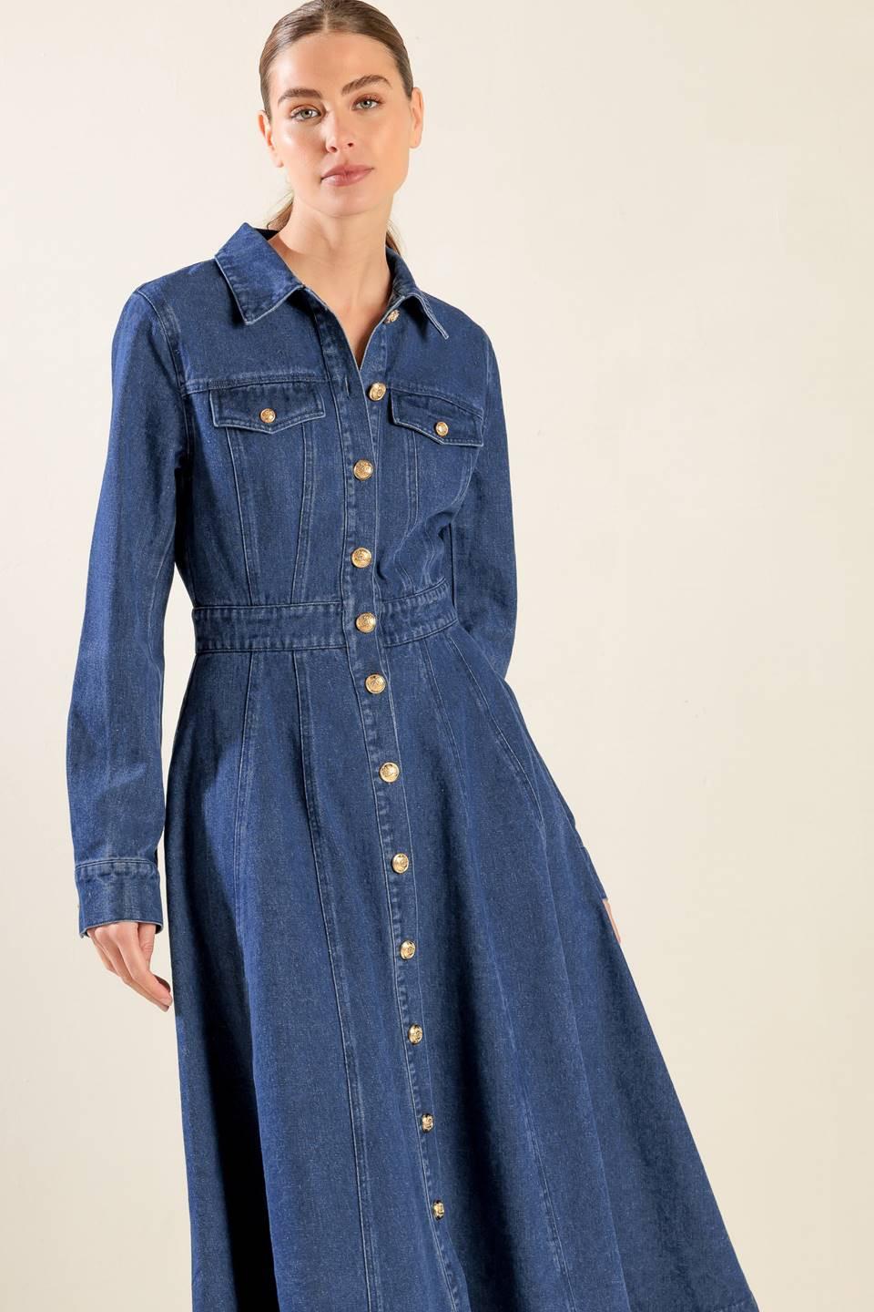 Drifting Thoughts Denim Midi Dress in blue, view 3 — Soul Flow Apparel