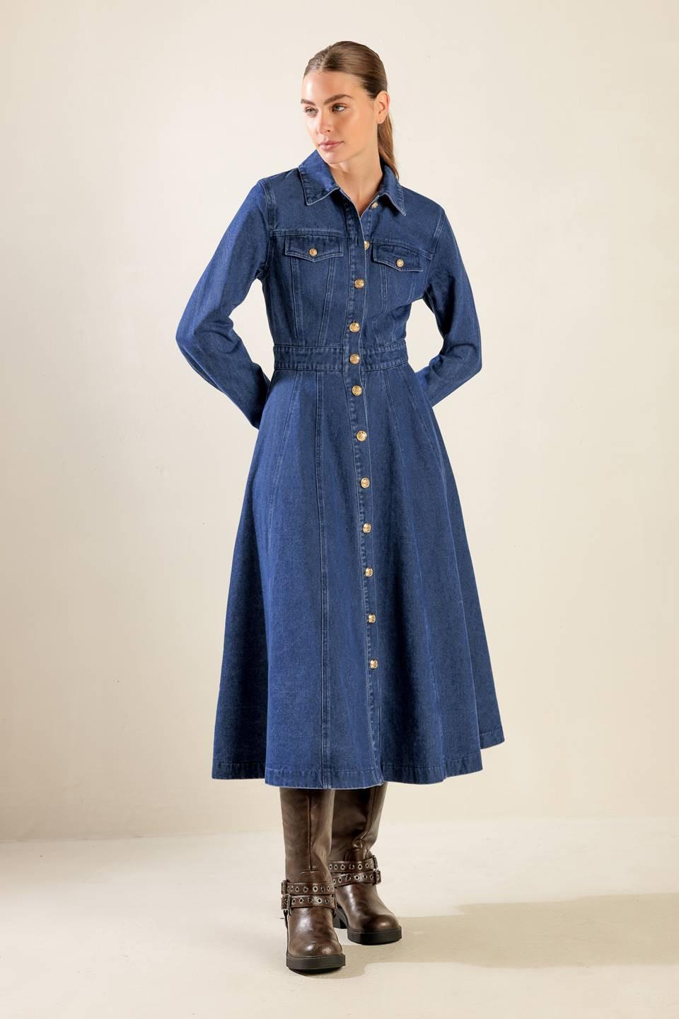 Drifting Thoughts Denim Midi Dress in blue, view 4 — Soul Flow Apparel