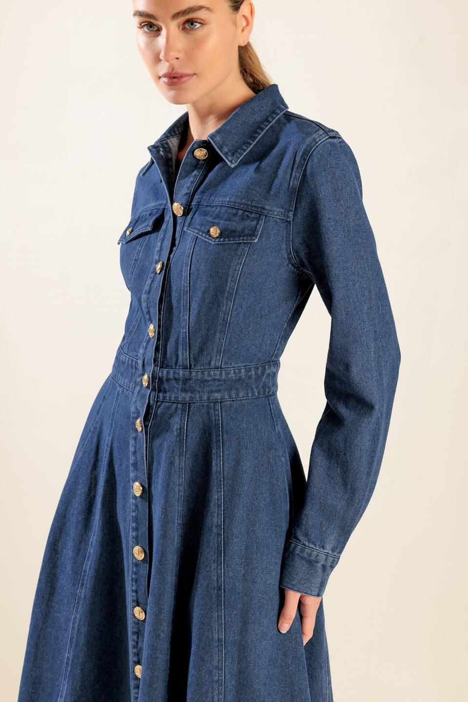 Drifting Thoughts Denim Midi Dress in blue, view 5 — Soul Flow Apparel