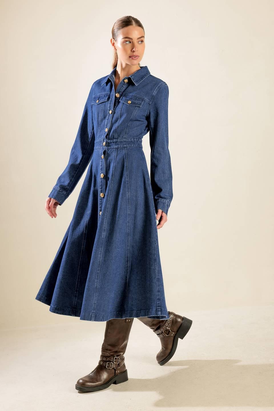 Drifting Thoughts Denim Midi Dress in blue, view 6 — Soul Flow Apparel