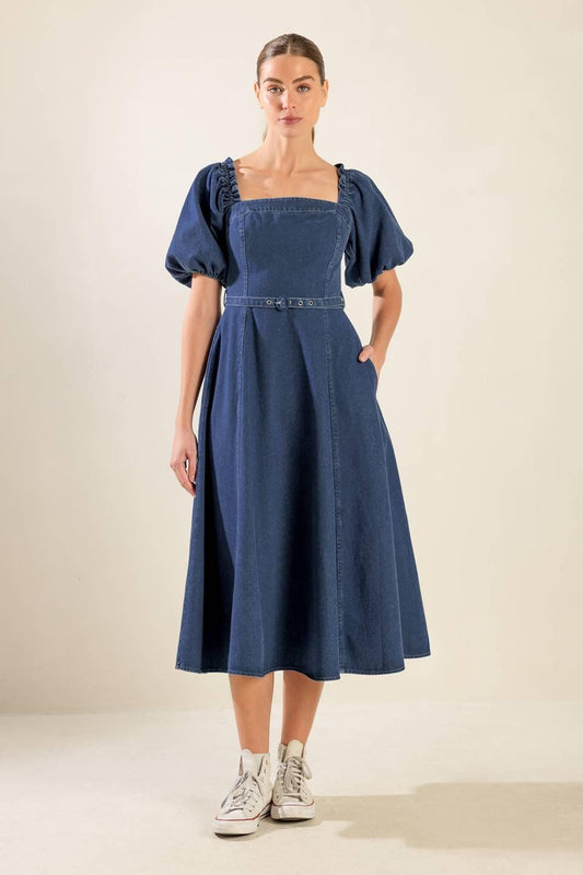 All Spruced Up Denim Midi Dress in medium, view 1 — Soul Flow Apparel