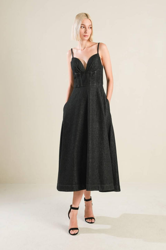 You Are My Sunshine Denim Midi Dress in black, view 1 — Soul Flow Apparel