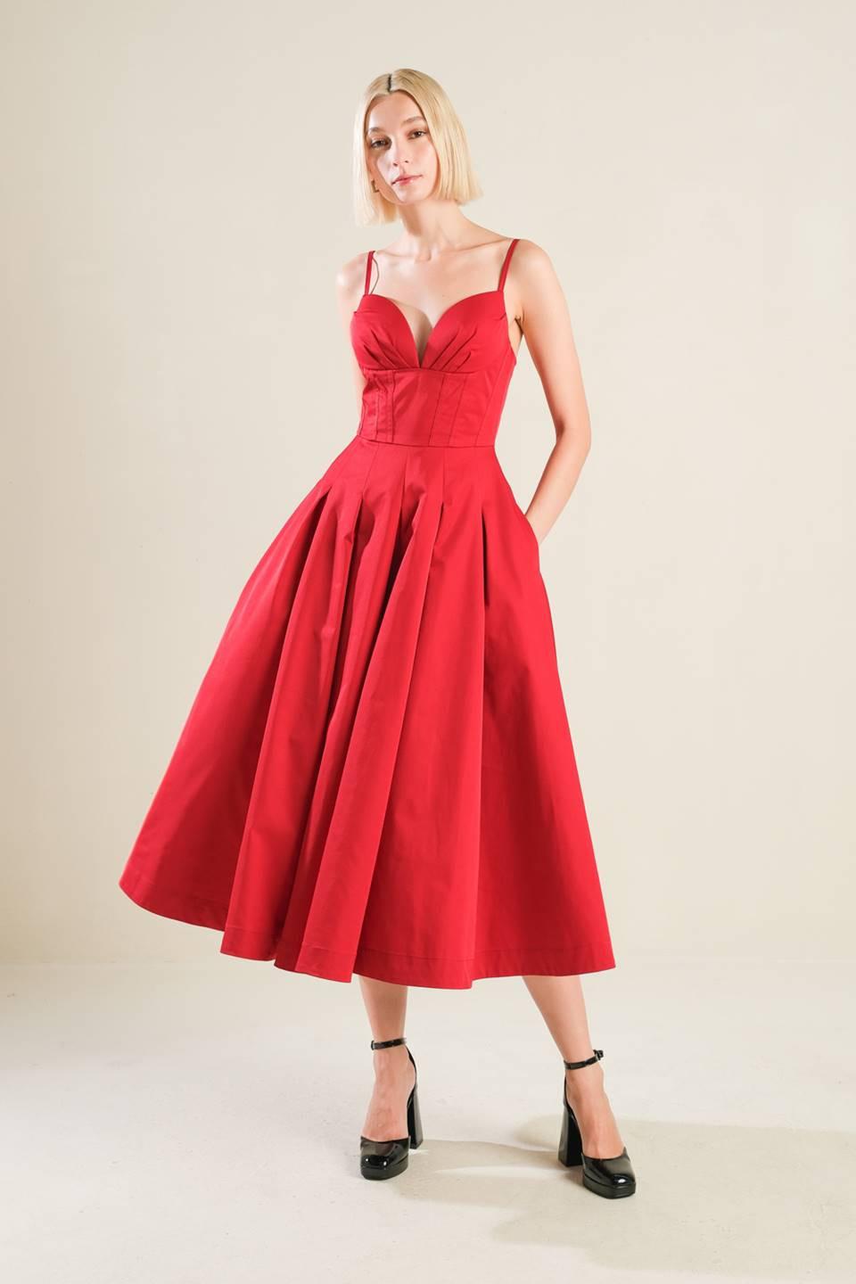 Dream Keeper Woven Midi Dress in crimson, view 1 — Soul Flow Apparel