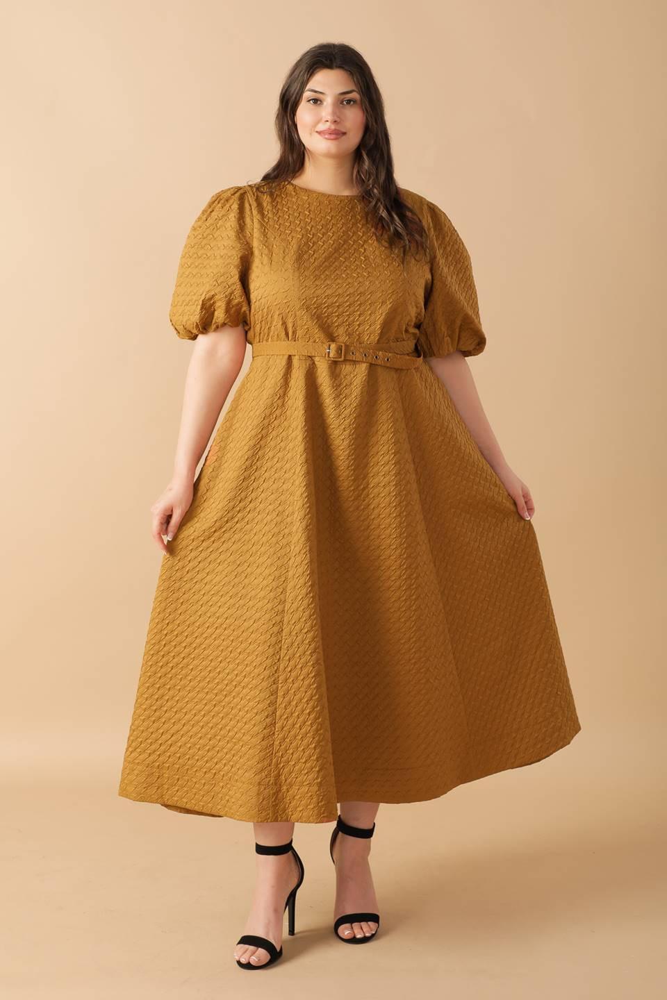 Can't Stop Me Woven Midi Dress in camel, view 1 — Soul Flow Apparel