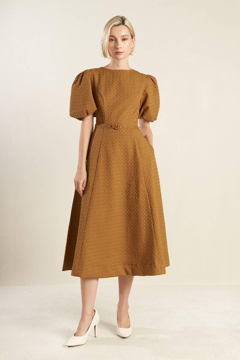 Can't Stop Me Woven Midi Dress in camel, view 1 — Soul Flow Apparel