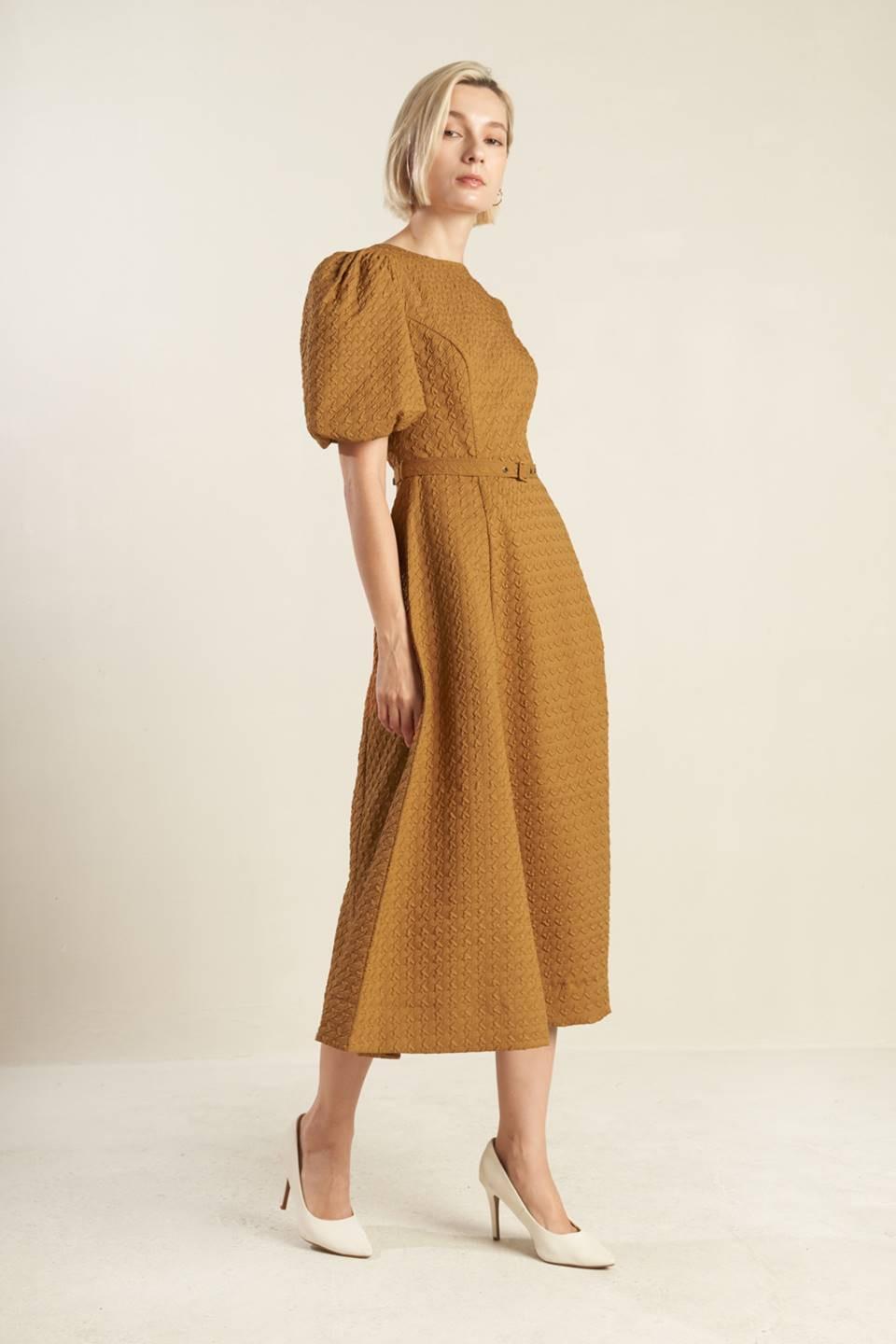 Can't Stop Me Woven Midi Dress in camel, view 2 — Soul Flow Apparel