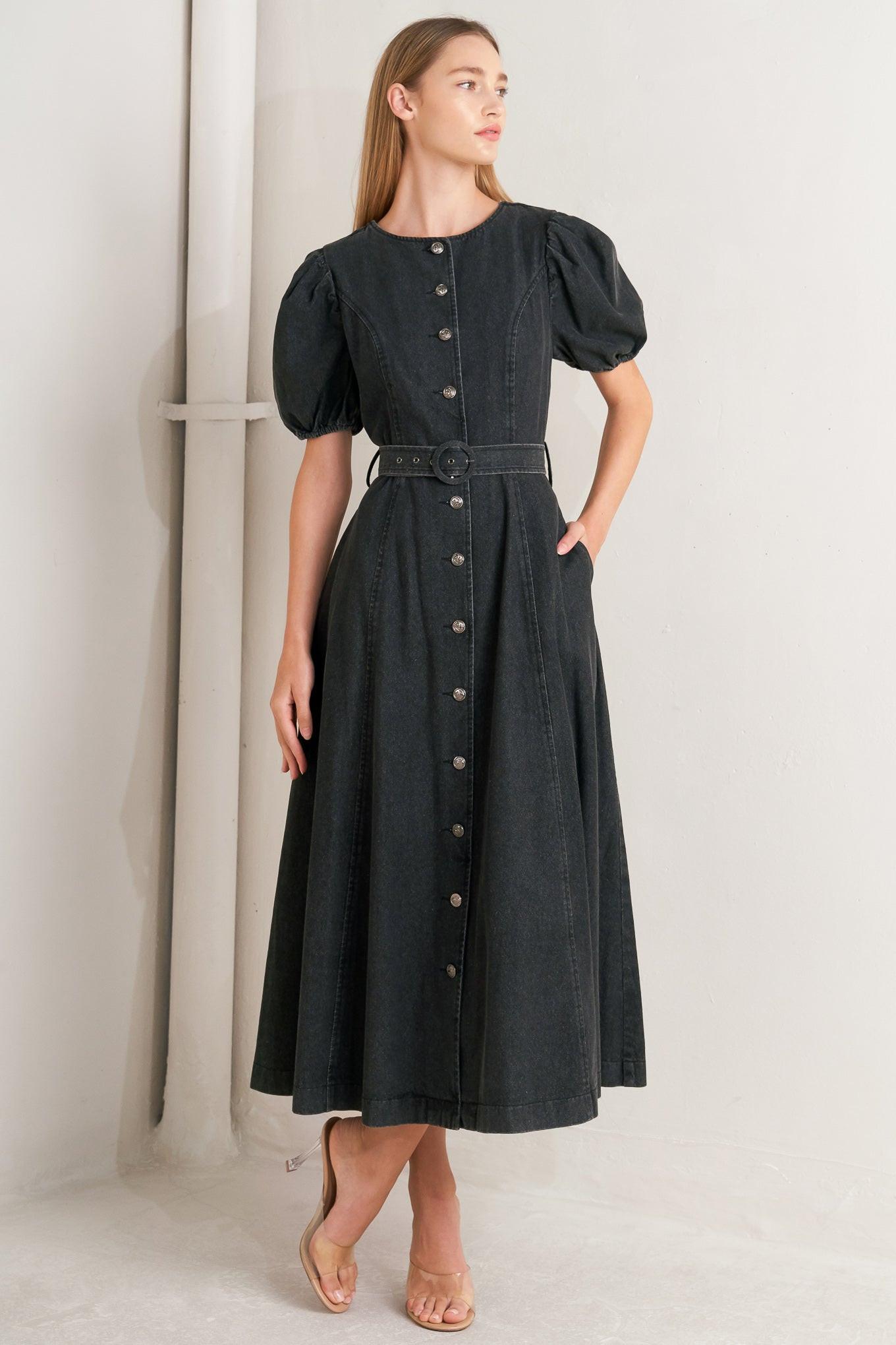 In My Mind Denim Midi Dress in black, view 1 — Soul Flow Apparel