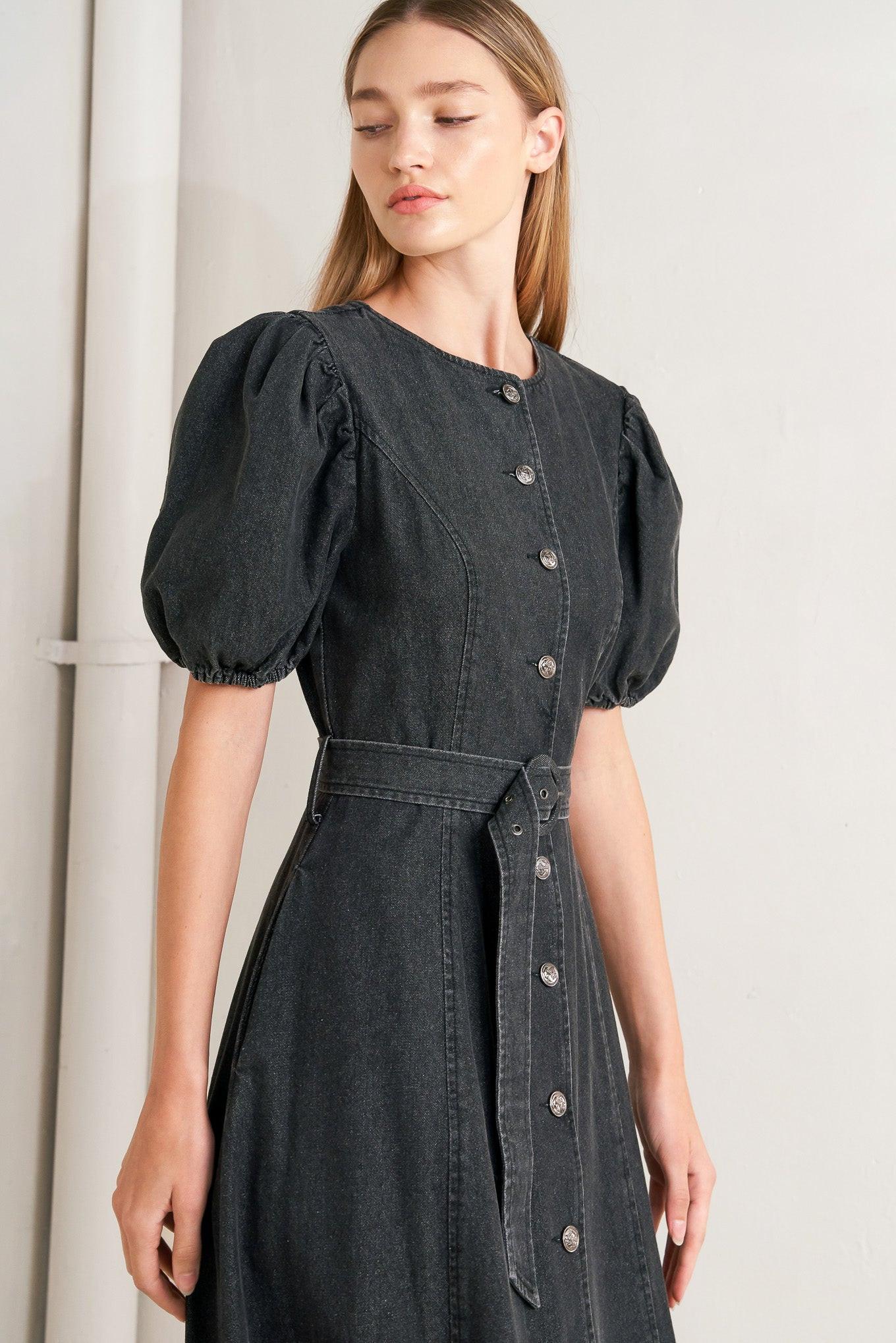 In My Mind Denim Midi Dress in black, view 2 — Soul Flow Apparel