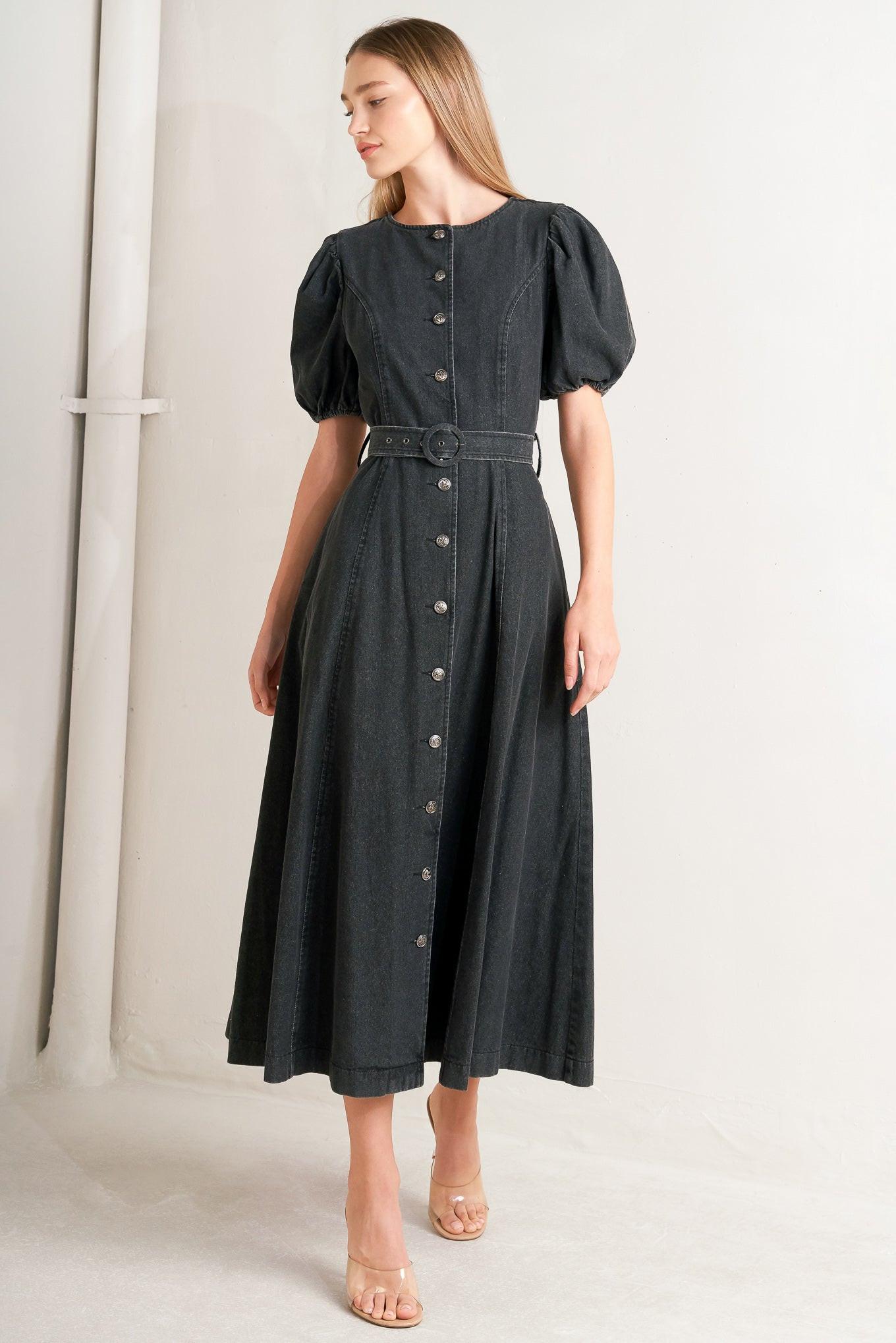 In My Mind Denim Midi Dress in black, view 3 — Soul Flow Apparel
