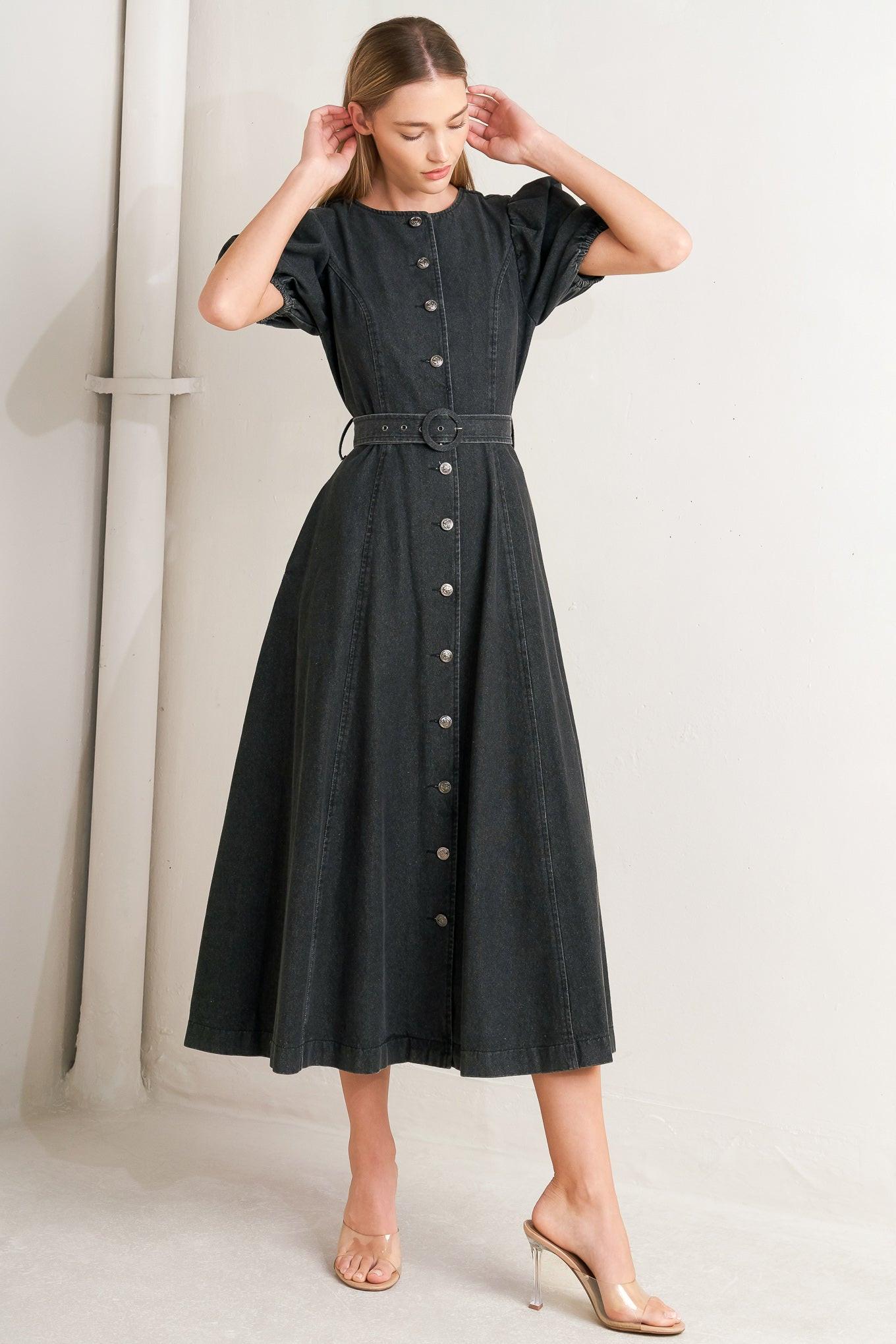 In My Mind Denim Midi Dress in black, view 4 — Soul Flow Apparel