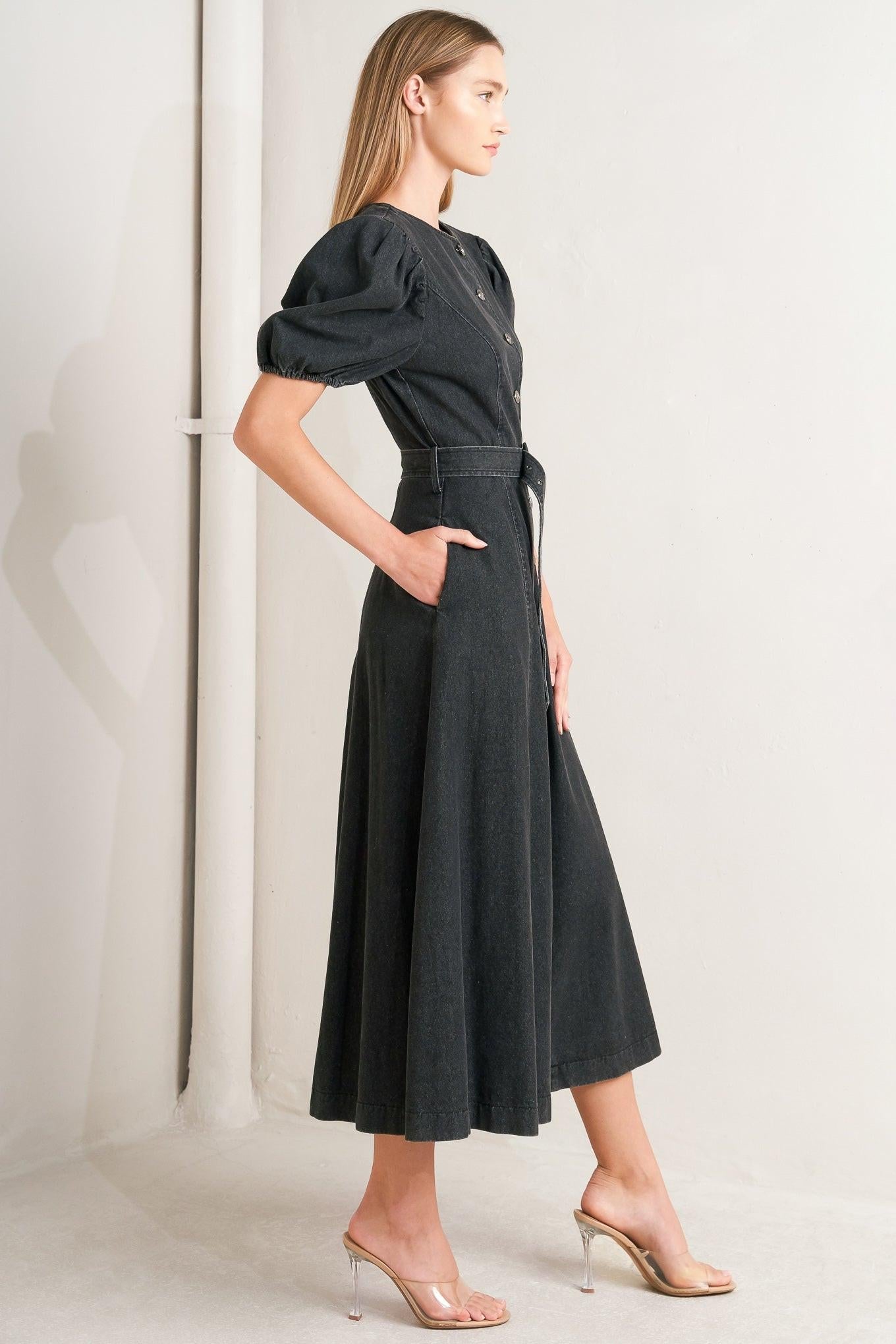 In My Mind Denim Midi Dress in black, view 5 — Soul Flow Apparel