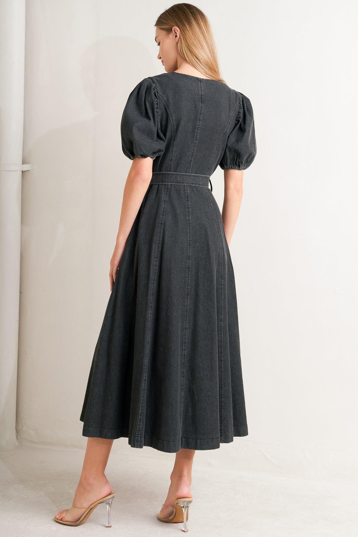In My Mind Denim Midi Dress in black, view 6 — Soul Flow Apparel